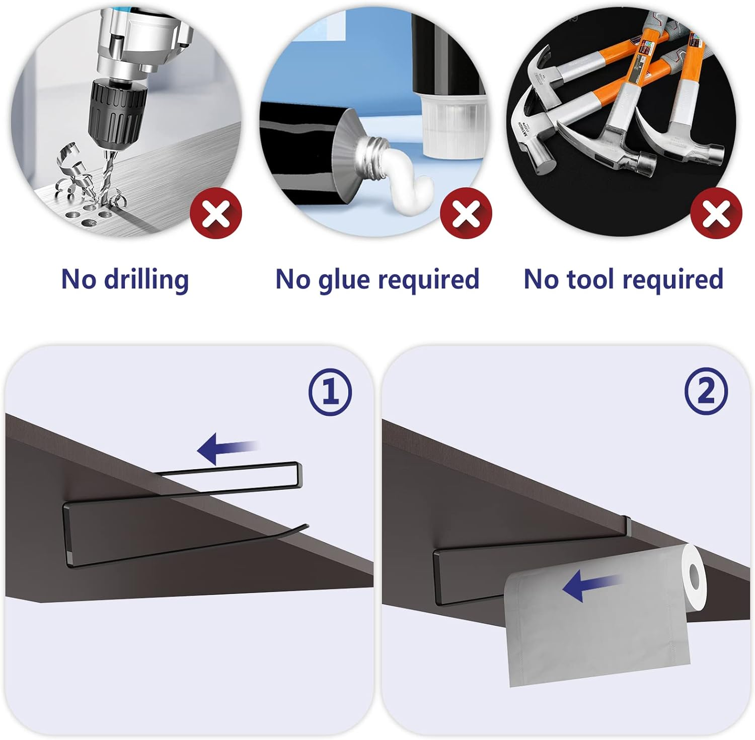 Paper Roll Holder, KIKISML 2 Pack Paper Towel Holder Cabinet Hanging Kitchen Roll Hanger Dispenser Storage Rack Towel Necktie Bedroom Toilet Organization Storage [No Drilling No Tool Required], Black image number 1