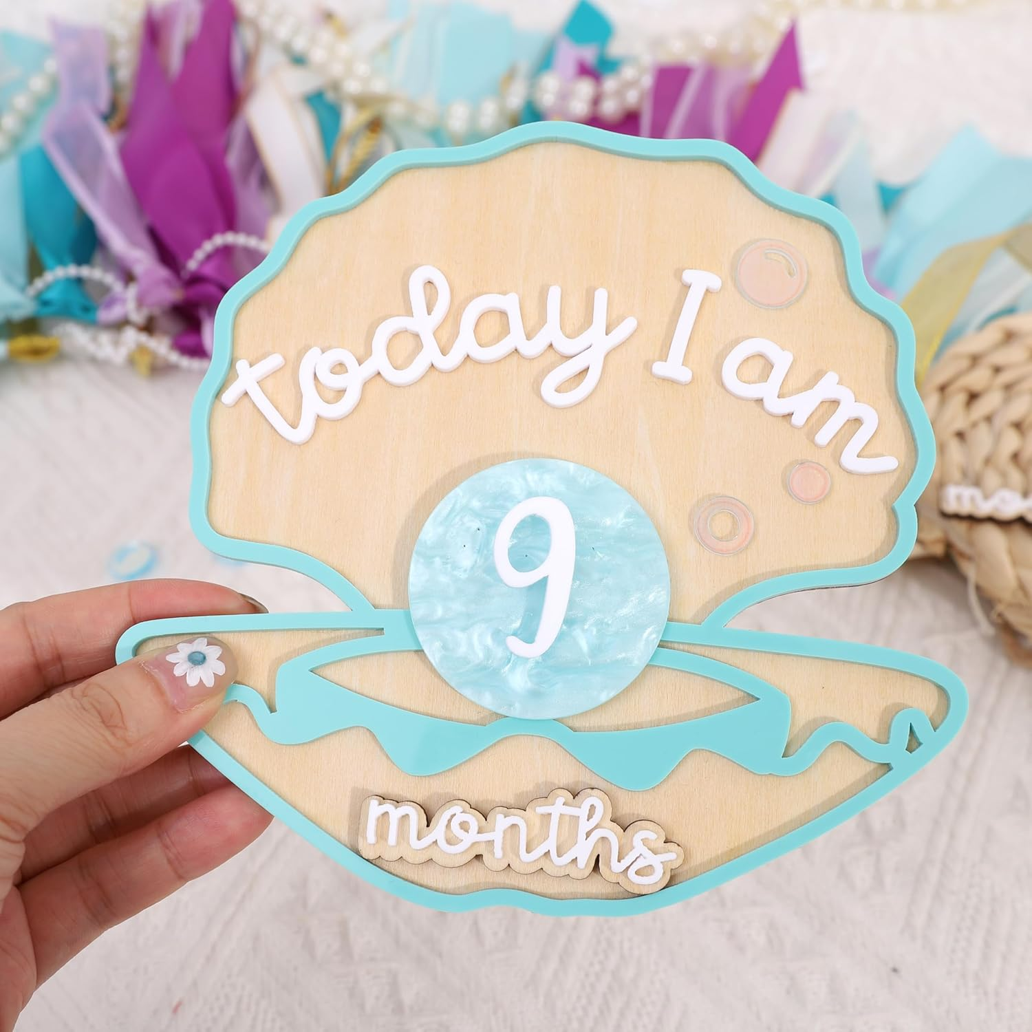 Wooden Mermaid Monthly Milestone Cards - Seashell Newborn Baby 1-12 Months Milestone Set, Baby'S First Year Set, Mermaid Nursery Decor (Green Seashell Monthly Card) image number 3