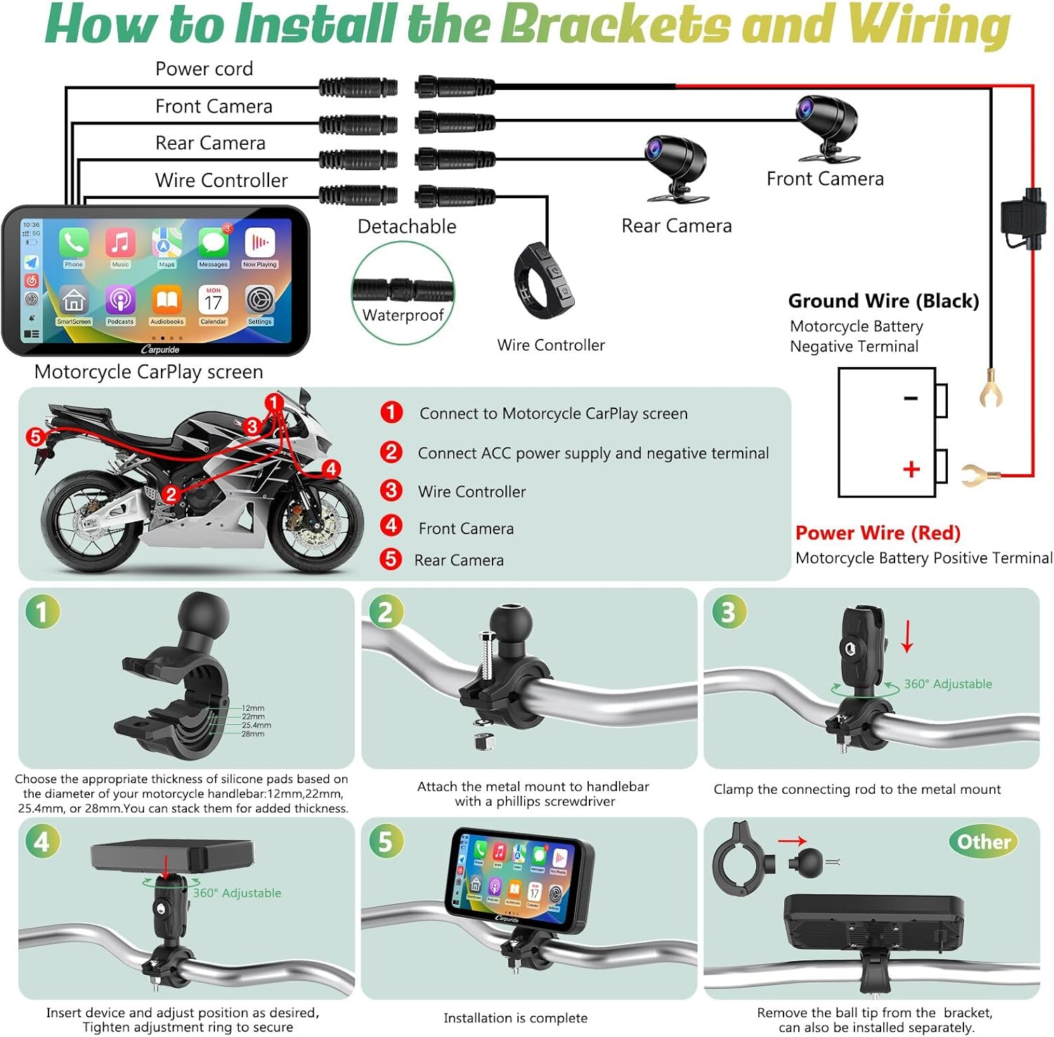 Carpuride W603D Motorcycle GPS Carplay Screen, Wireless Carplay & Android Auto for Moto, with HD 1080P Dual Cameras, Remote Control，6.3" Waterproof Touchscreen, BT Aduio, Loop Recording, Navigation image number 5