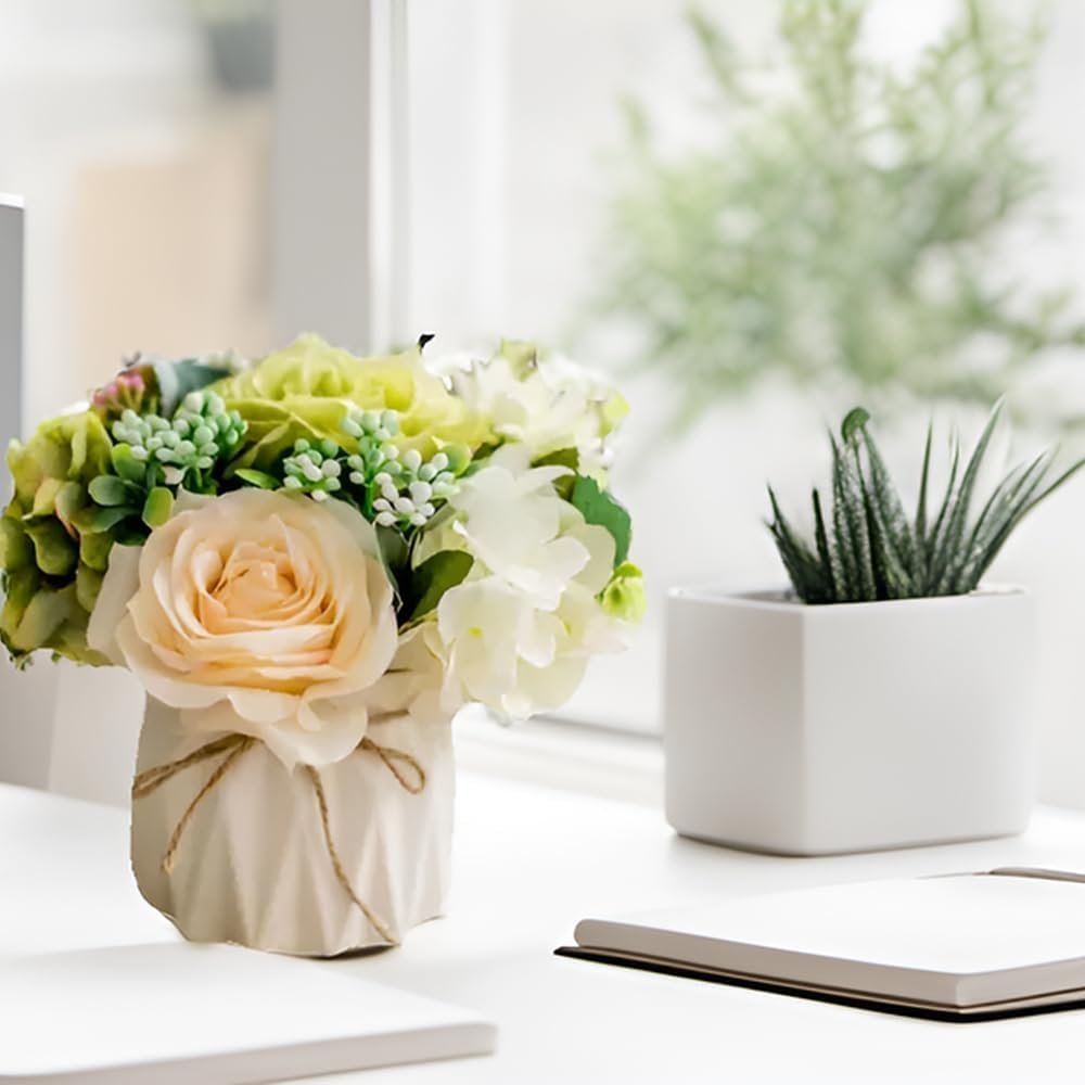Hbluefat Small Artificial Flowers with Vase,Hydrangea Silk Roses Faux Flower in Ceramic Vase,Faux Flower Arrangement with Vase Suitable for Home Office Decoration,Dining Table Centerpiece (Vitality) - Green Daisy image number 3