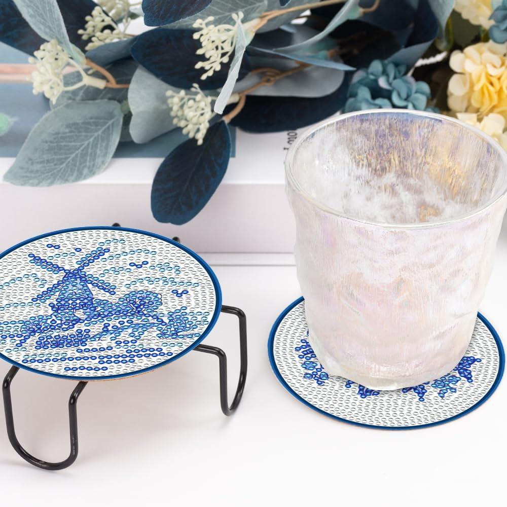 8 Pcs Diamond Art Painting Coasters with Holder, DIY Blue Watercolor Flowers Diamond Art Painting Kits for Beginners, Gift image number 3