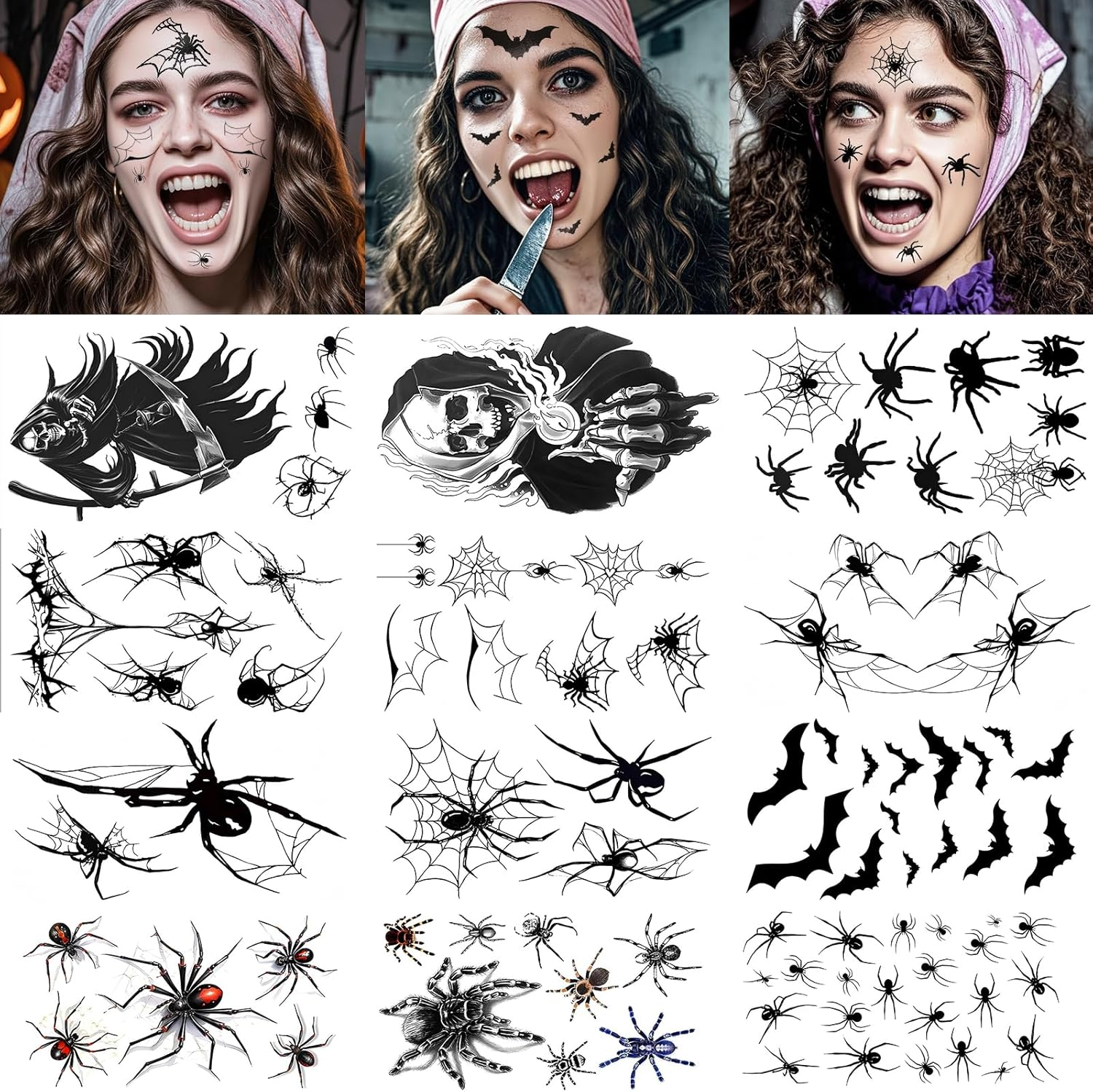 12 Sheets Face Tattoo Carnival, Large Size Bat Spider Tattoo, Adults Children Halloween Fancy Dress Tattoo Witch Accessories for Carnival Make-Up Halloween Masquerade Party