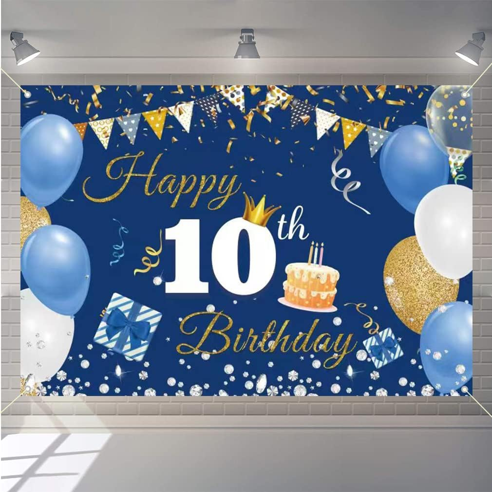 10Th Birthday Decorations Happy 10Th Birthday Backdrop Banner for Boys/Girls Happy 10 Years Old Fabric Sign Poster, Blue Photography Background 10Th Birthday Party Supplies, 59"X35.4" image number 3