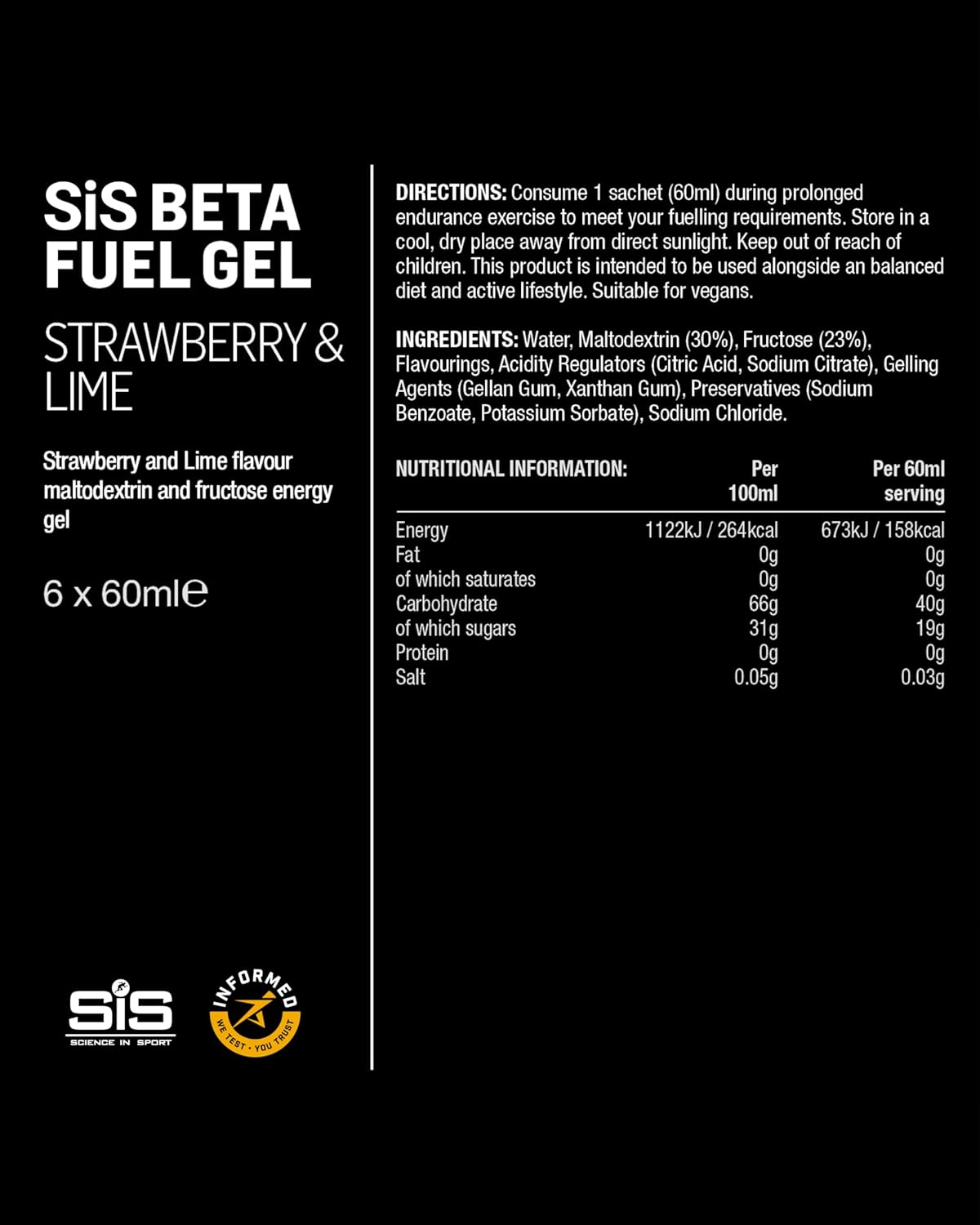 SIS Beta Fuel Dual Source Energy Gels - Fast Energy Fuel with Carbs for Endurance Running & Cycling - Strawberry & Lime Flavour, 60Ml, Pack of 6 image number 4