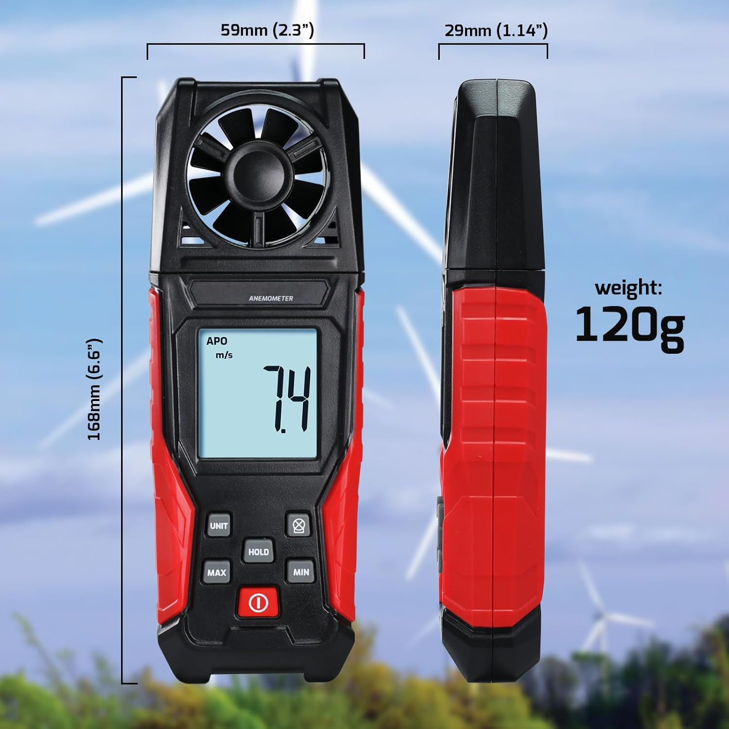 Digital Anemometer Wind Speed Meter (0.3-30 M/S) Air Velocity & Temperature Measurement M/S | Km/H | Ft/M | Mile/H | Knots with Backlight Display, Data Hold, Max/Min Functions image number 2