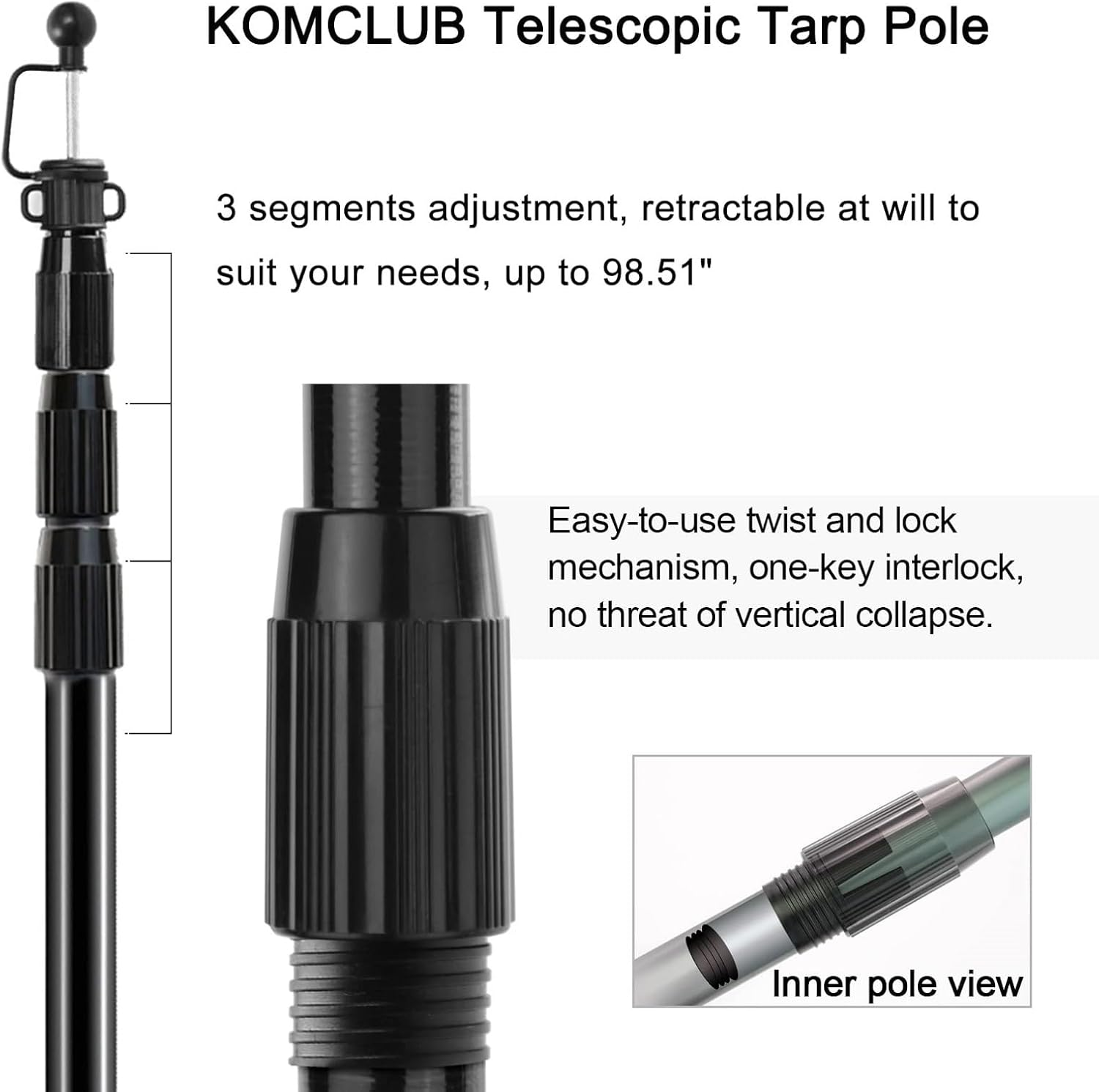 KOMCLUB Telescoping Tarp Poles,Adjustable Tent Poles for Tarp,Heavy-Duty Design,Portable & Lightweight Fiberglass Tent Poles for Shelter,Camping, Awning, 4 Sections Adjustable to 98.51 In(2Set of 4 image number 6