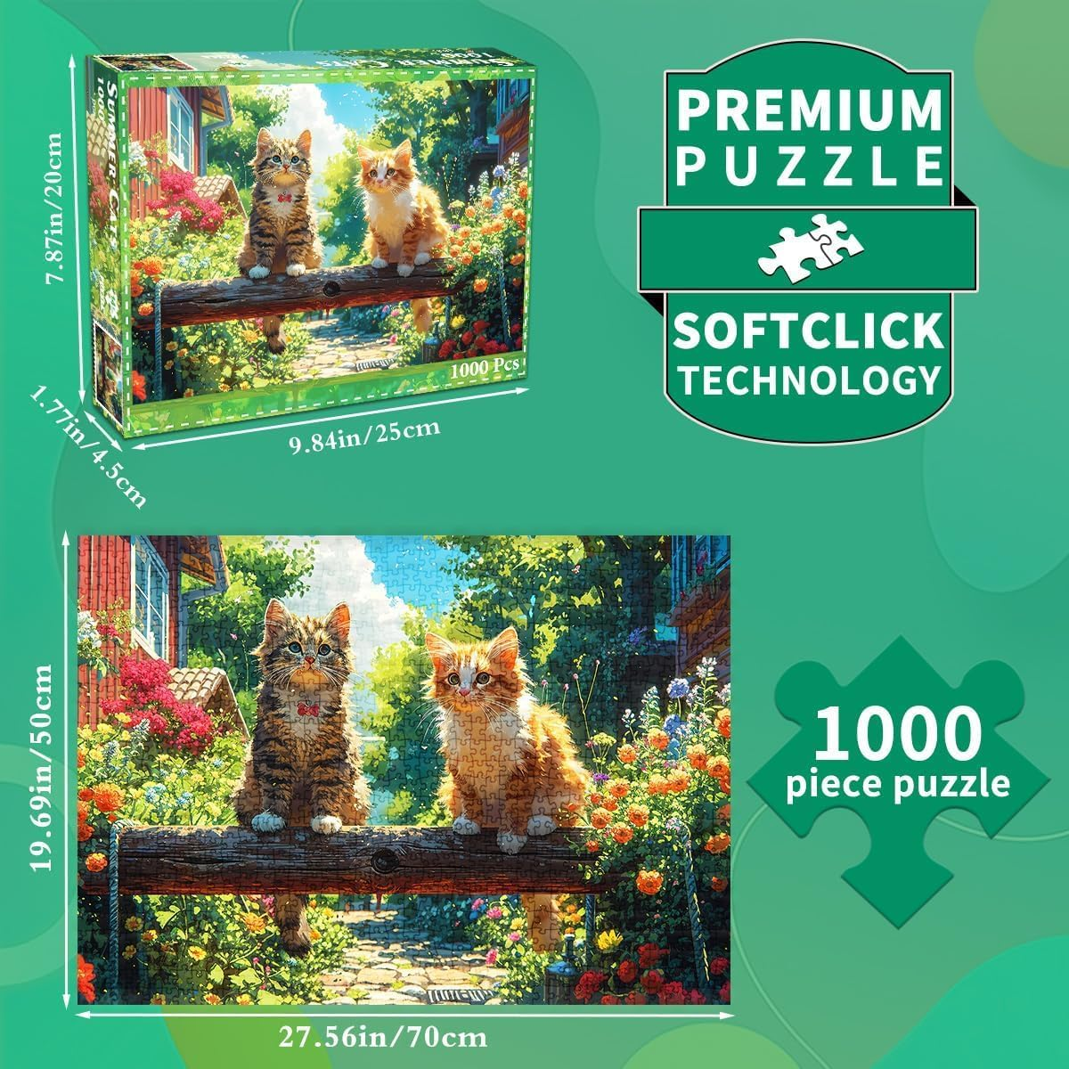 Jigsaw Puzzles for Adults 1000 Pieces, Interlock Perfectly Letter on Back No Dust, Home Decor Birthday Gift Toy for Men Women Elders Seniors, 1:1 Poster - Summer Cats image number 4