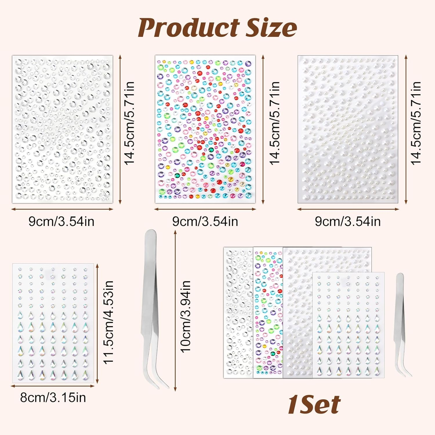 1000+ Self-Adhesive Face & Body Gems with Tweezer - Waterproof Rhinestone Stickers for Makeup, Festival, Nail Art & Crafts | Includes Pearls, Drops & Multi-Size Rhinestones + Precision Tool (4 Sheets) image number 6
