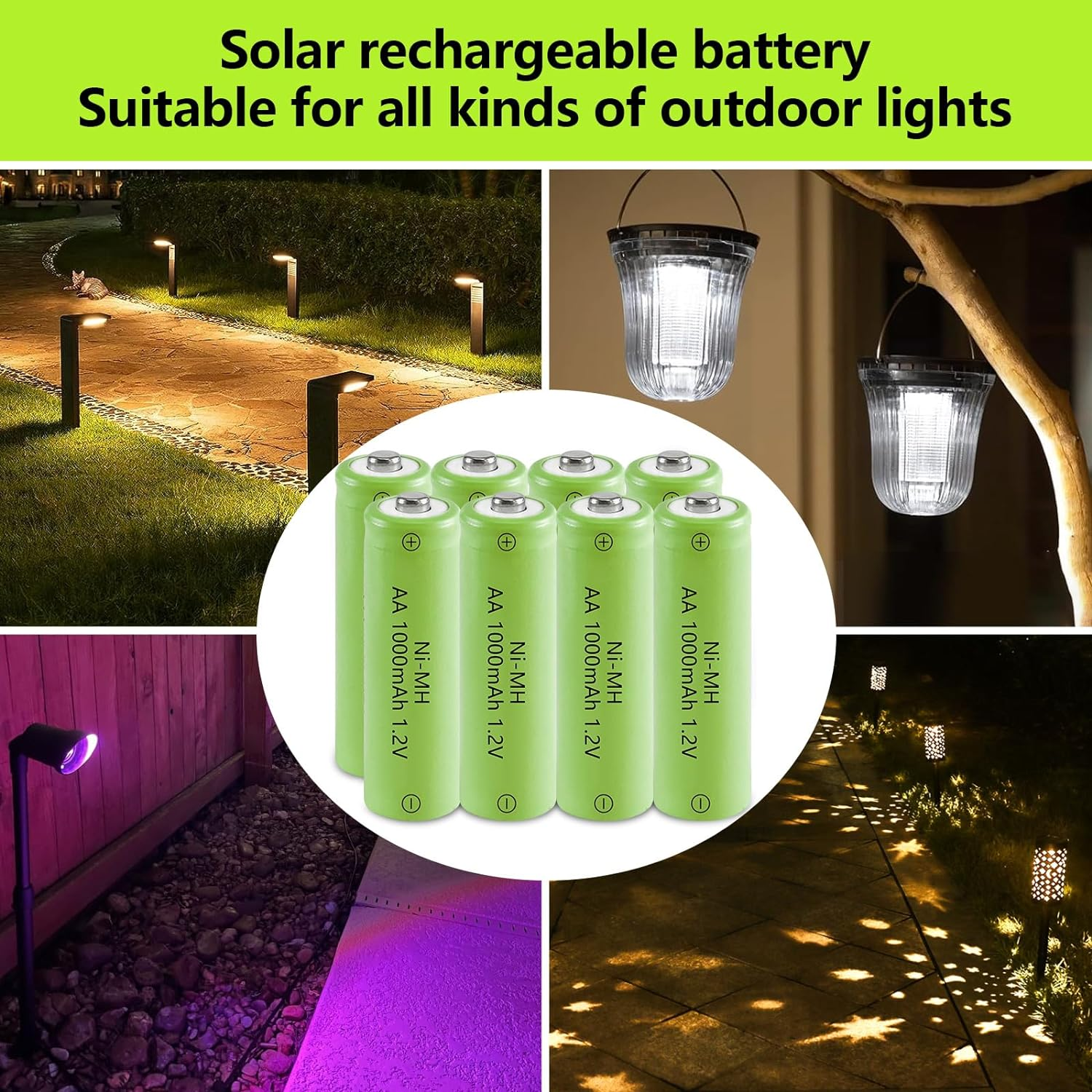 JINTION Rechargeable AA Batteries,Solar 1.2V Ni-Mh 1000Mah Double a Battery Low Self Discharge for String Light Lantern Lamp Toys, 4 Pack image number 6