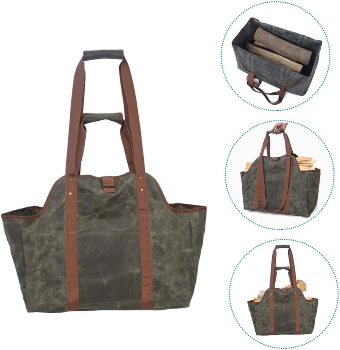 ROMISBABA Water Resistant Waxed Canvas Firewood Carrier Tote Bag for Fire Pit Storage for Firewood Capacity Scratch Stain Resistant for Outdoor Use image number 6