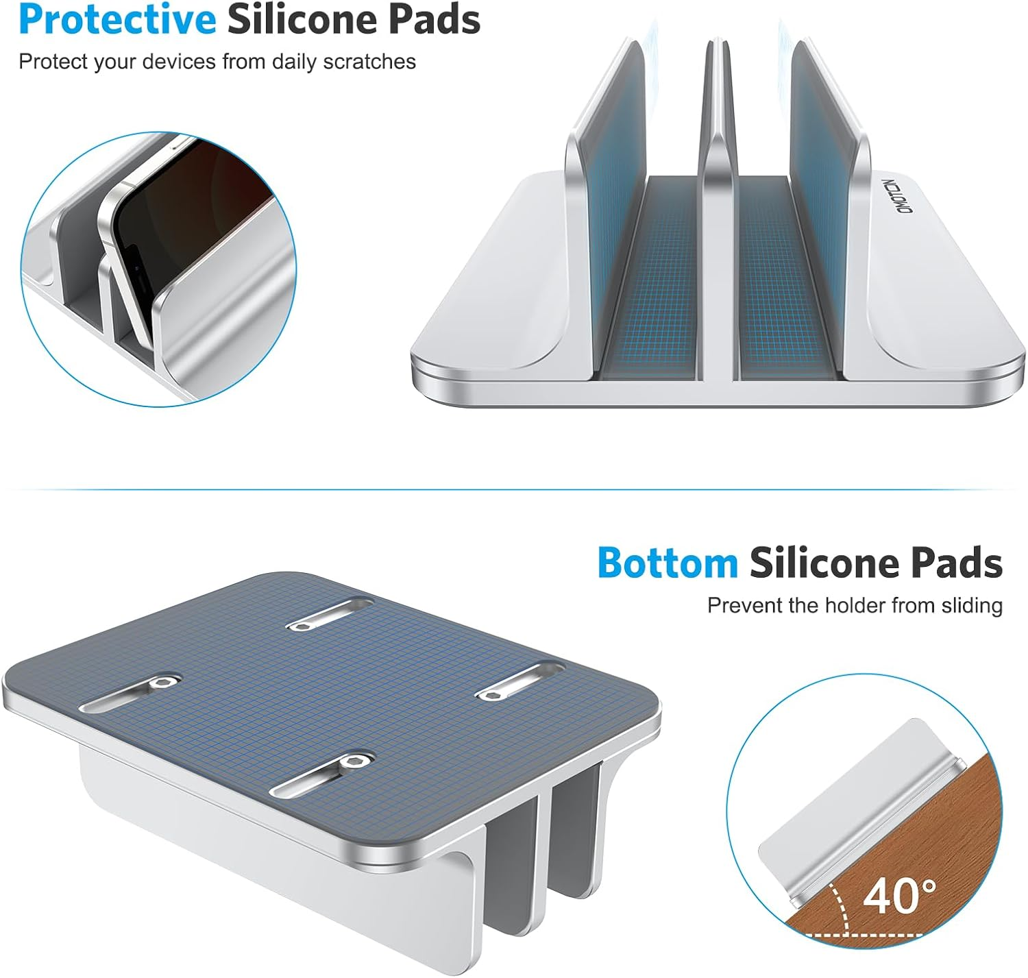 [Updated Dock Version] Vertical Laptop Stand OMOTON Double Desktop Stand Holder with Adjustable Dock (Up to 17.3 Inch) Fits All Macbook/Surface/Samsung/Hp/Dell/Chrome Book (Silver) image number 6