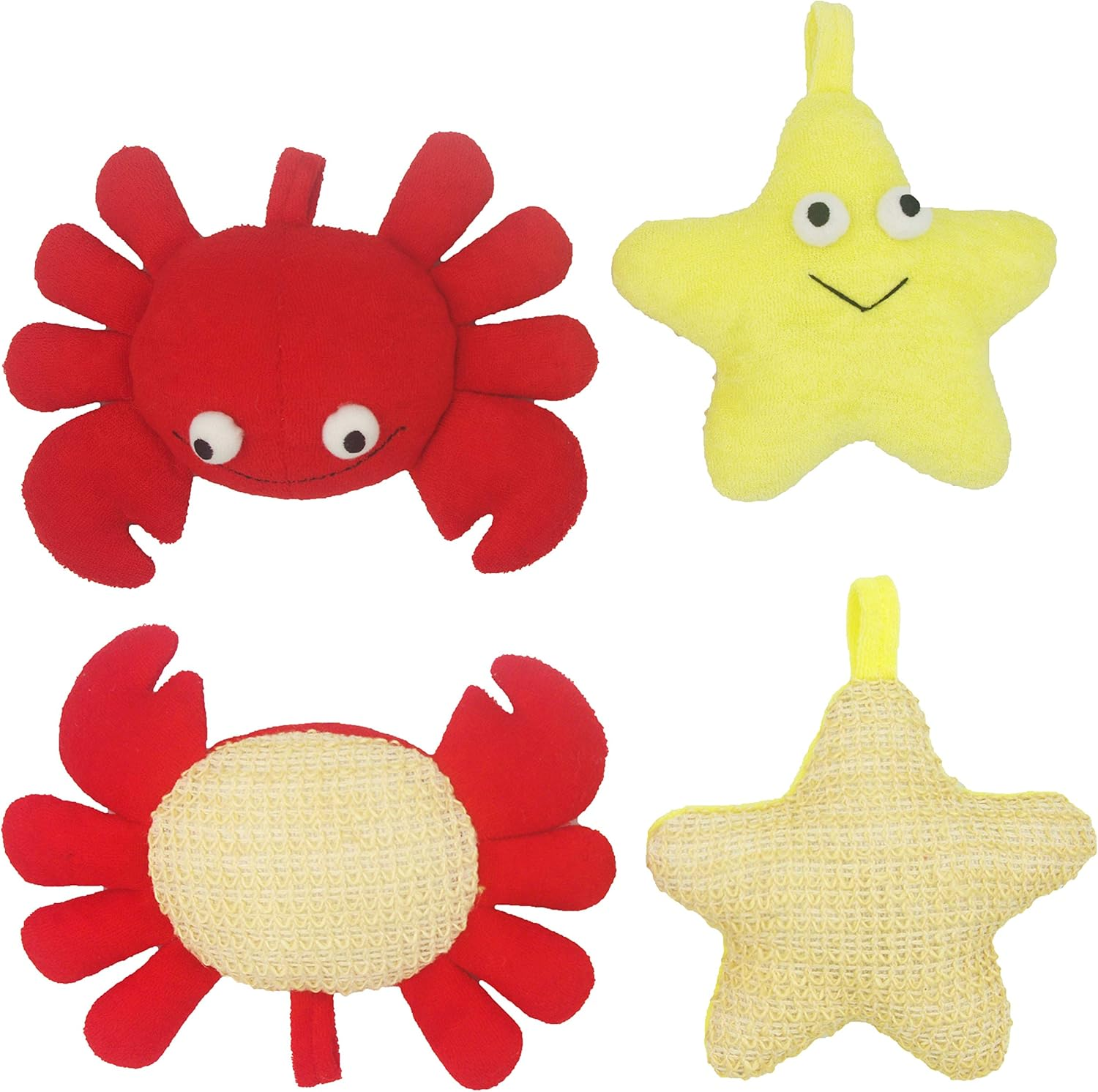 Bleu Bath (2 Pack) Animal Body Scrubber Natural Linen Shower Ball for Toddler Kids Gentle Exfoliating Bath Sponge Loofah Pouf in Yellow Starfish Red Crab with Cute Big Eyes Design image number 4