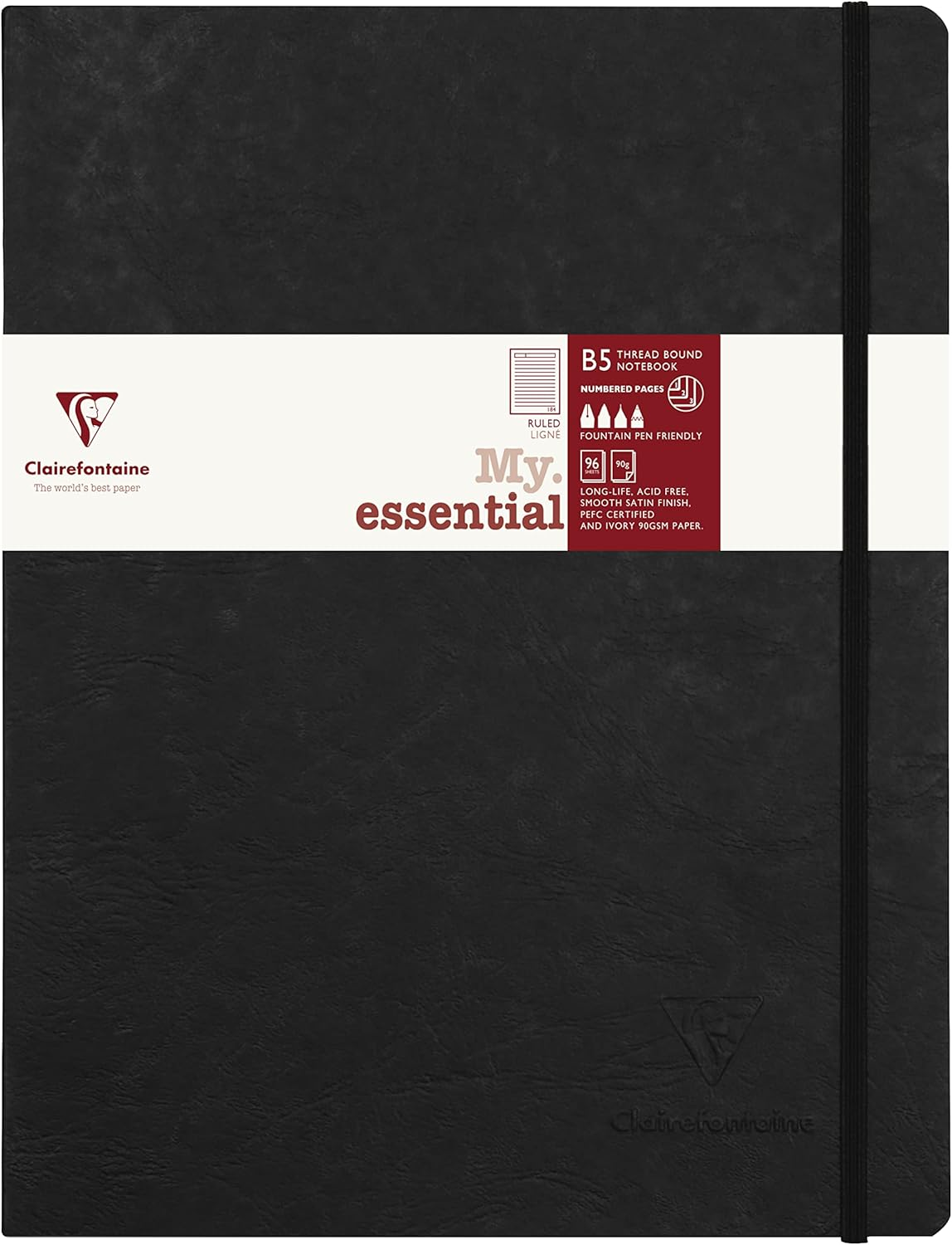 Clairefontaine 794461C - My.Essential Age Bag Notebook, Format B5 (19 X 25 Cm), with Thread Binding, 96 Sheets, Numbered, Lined, Paper Ivory 90 G, Black, Pack of 1