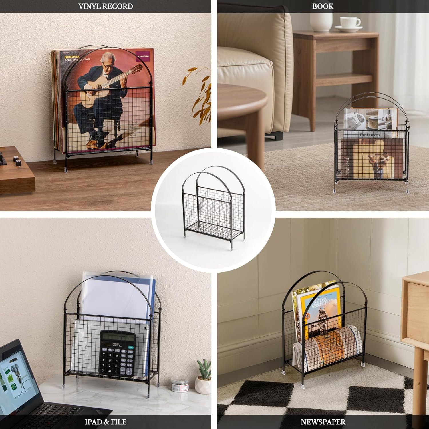 PUERSI Freestanding Magazine Rack &ndash; Modern Touch Handbag Design, Magazine Organizer Metal Holder for Newspaper, Books, Vinyl Record (Black) image number 4