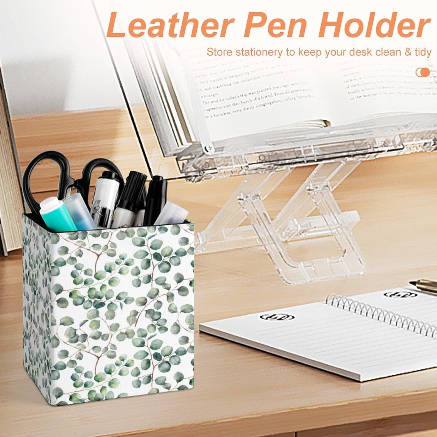 Quteprint Square Pencil Holder, Eucalyptus Green Leaves Plant Pen Holder for Desk, PU Office Pen Organizer Desk Accessories Pencil Cup Desktop Stationery Storage Makeup Brush Holder for Home Bathroom