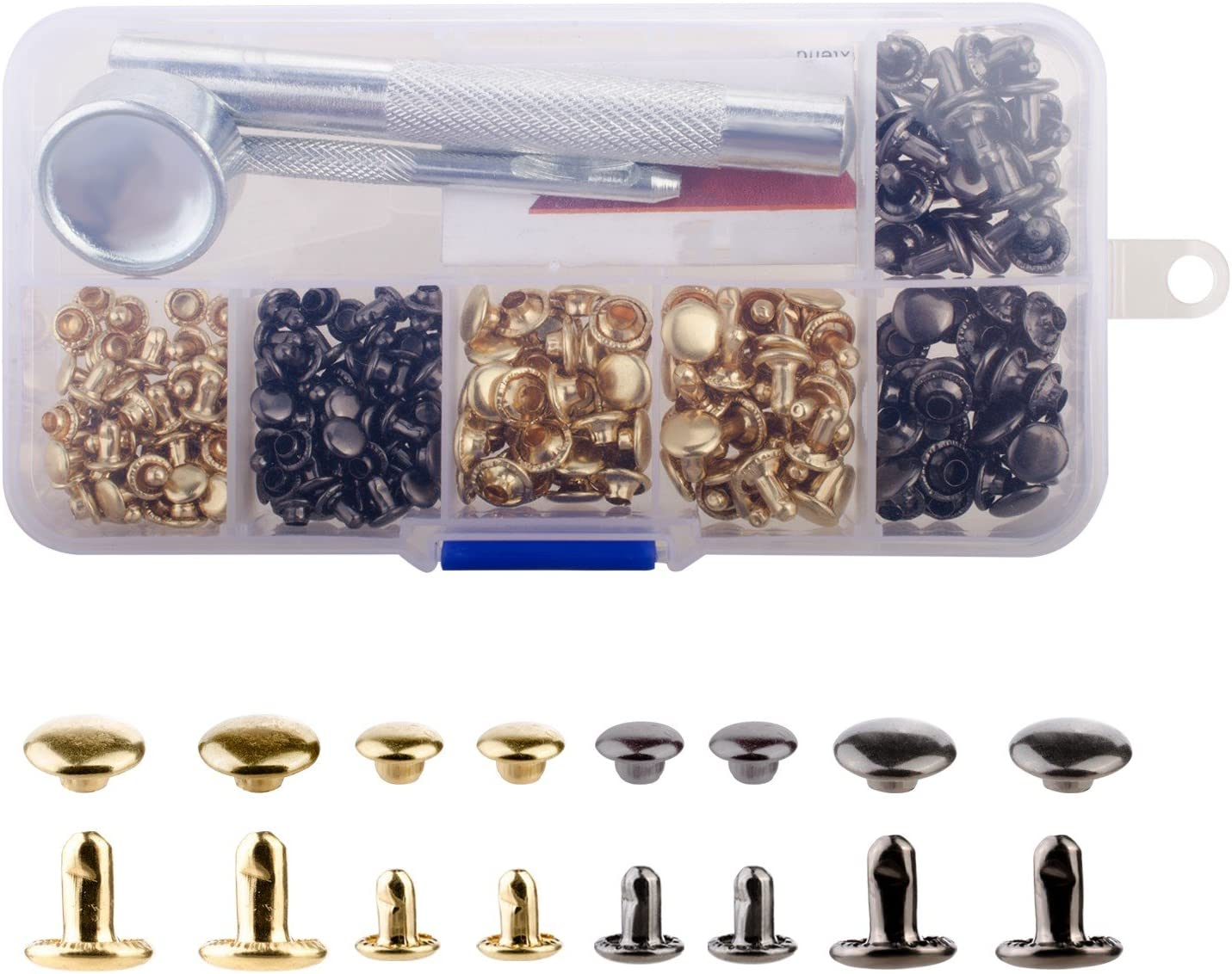 YMAISS 120 Sets Leather Rivets Double Cap Rivets with Fixing Tool Kit for Leather Craft Repairing Decoration, 2 Color 2 Size, Gunmetal Black and Gold image number 2