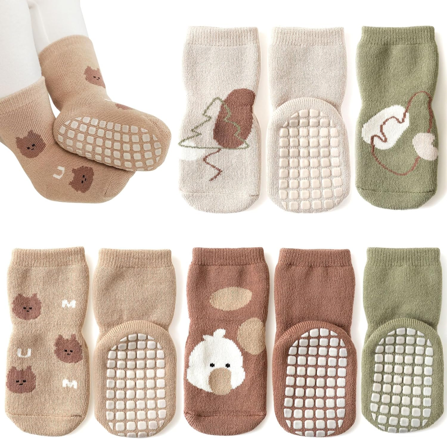 4 Pairs Unisex Baby Socks Non Slip Grip Socks for Girls Boys Children Floor Socks Warm Cute Animal Cartoon Toddler Kids Anti-Slip Cotton Socks for 0-5 Years Old