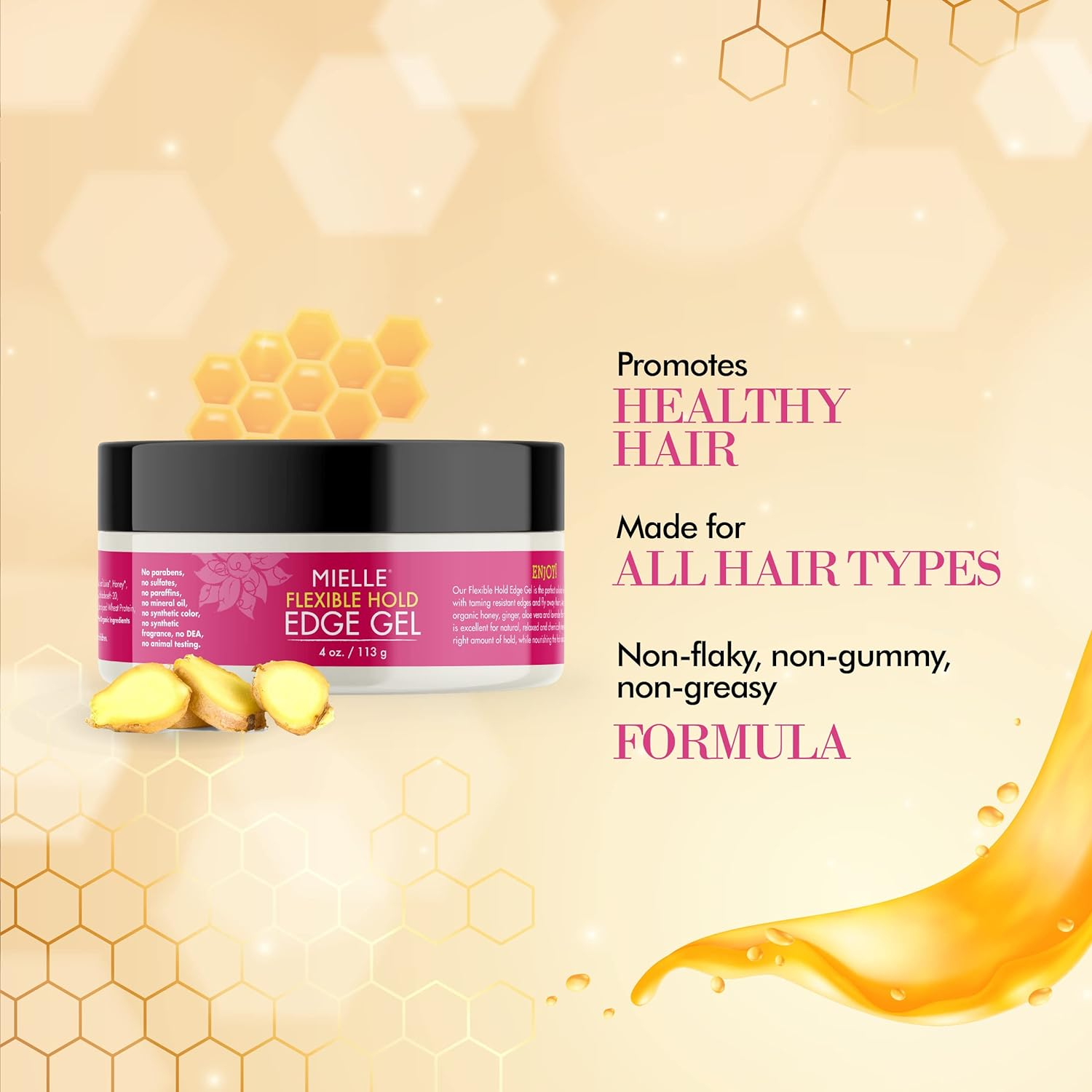 Mielle Organics Honey & Ginger Edge Control Gel - Strong Hold Hair & Edge Gel for Women & Men - Infused with Aloe, Honey, Ginger & Babassu Oil to Encourage Nourished, Healthier Hair (4 Fl Oz) image number 4