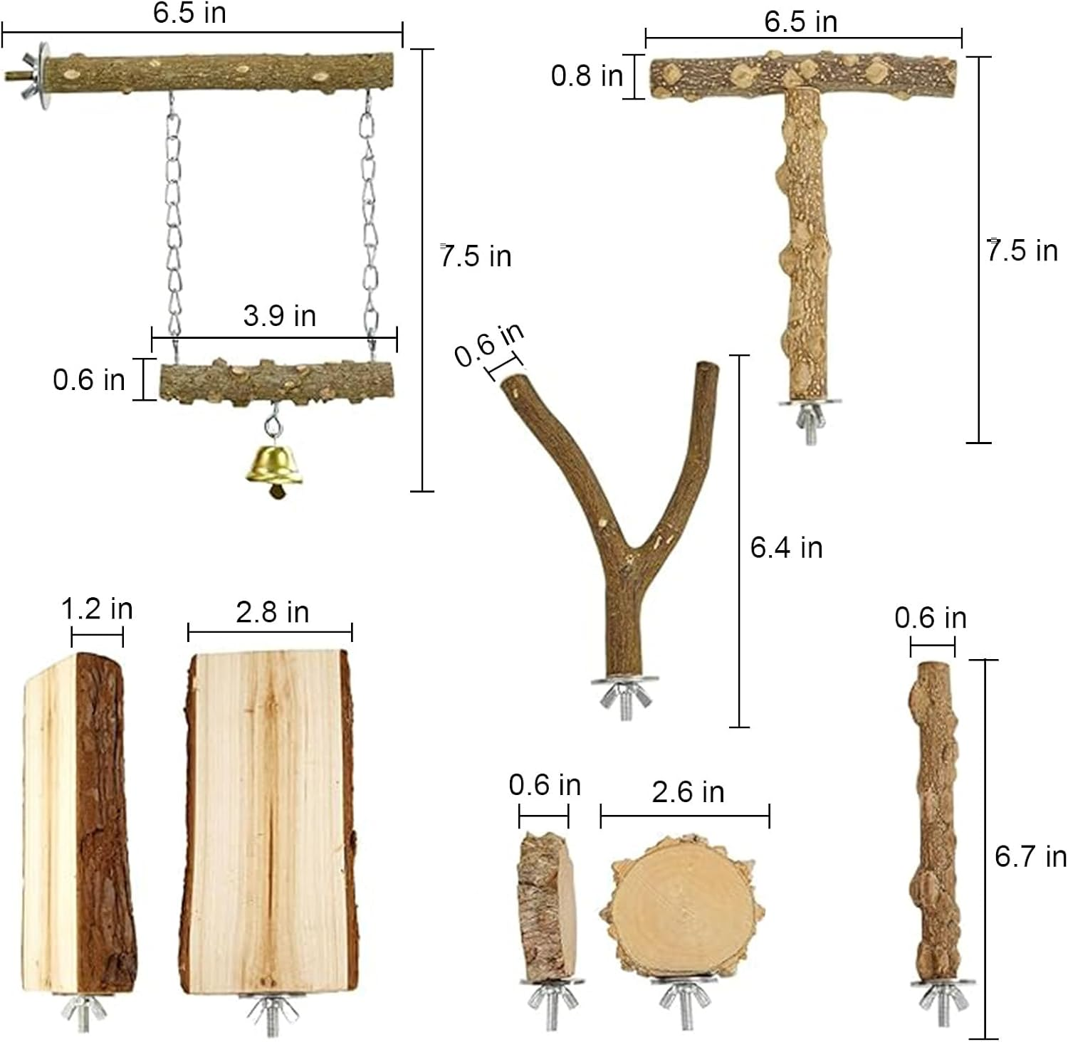 Wooden Bird Perch 6 Pcs Natural Wood Perches for Parrots Long Tail Budgies and Birds Hanging Multi-Branch Perch Platform Hammock Swing Toy for Birdcages Bird Accessories image number 4