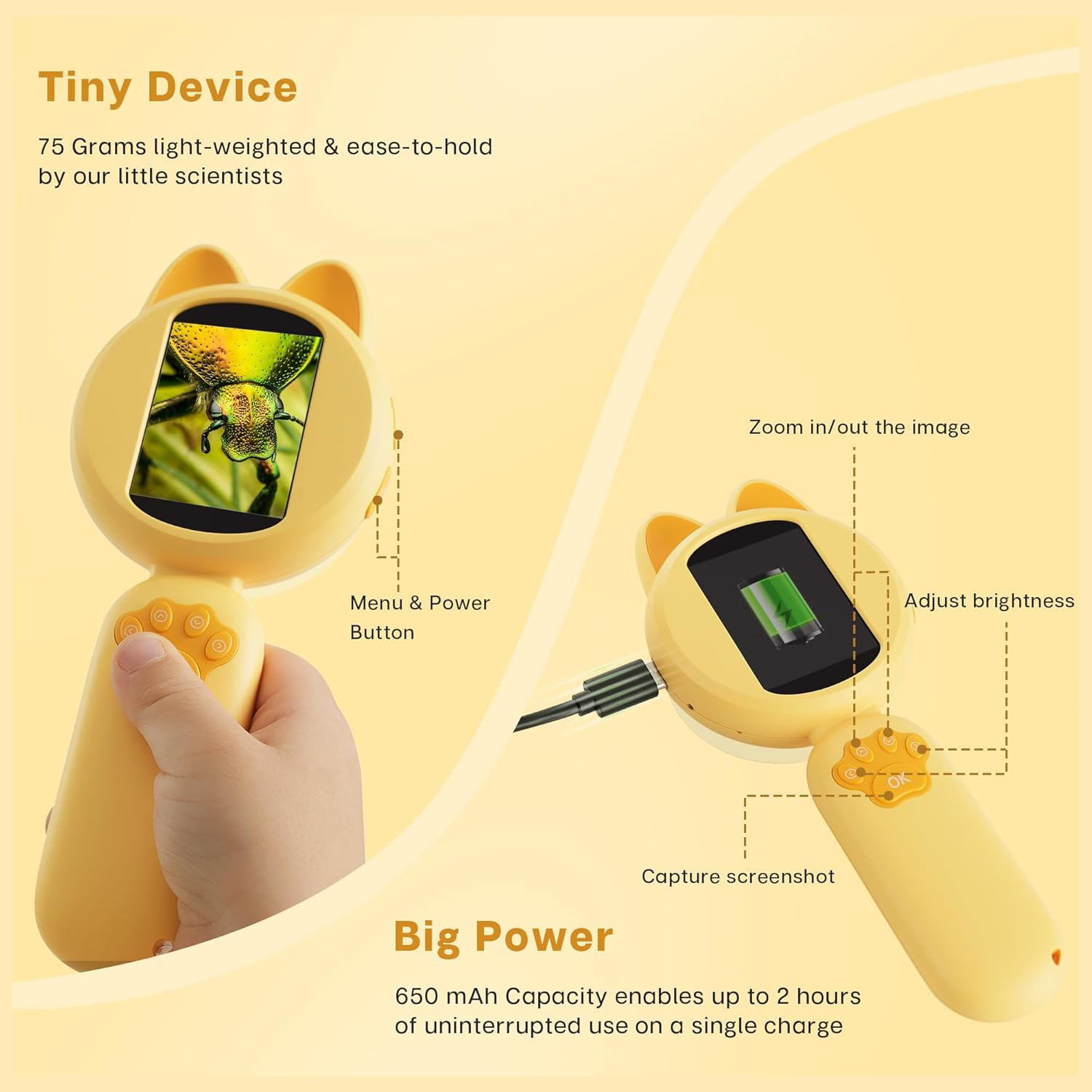 Mia Kids Microscope, Mini Digital Microscope for Kids with 2'' IPS Screen, Handheld Mini Scope Educational Science Toy Kit, Christmas/Birthday Gifts for Children Aged 3-12 (Yellow) image number 5