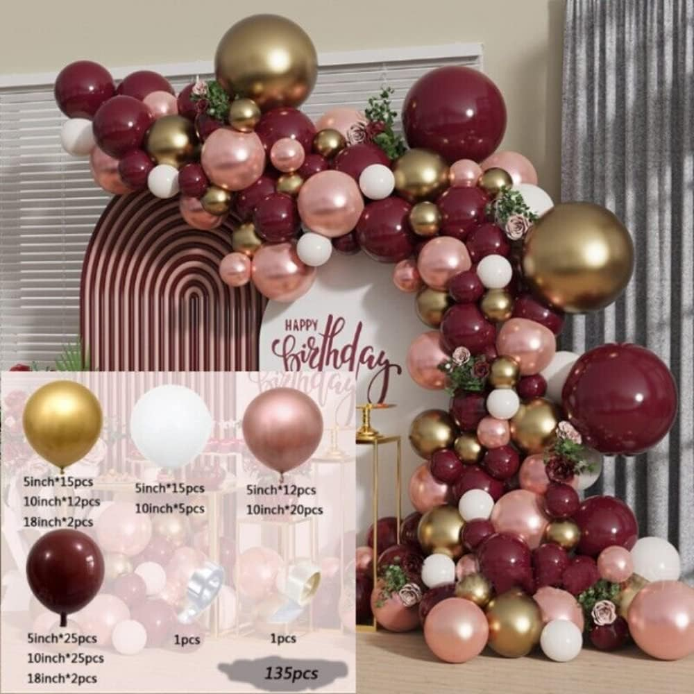 Burgundy Balloon Garland Arch Kit 135Pcs - Wine Red Rose Gold White Metal Gold Balloons with Strip Tape for Baby Shower Wedding Birthday Party Decorations (Burgundy) - Burgundy image number 2