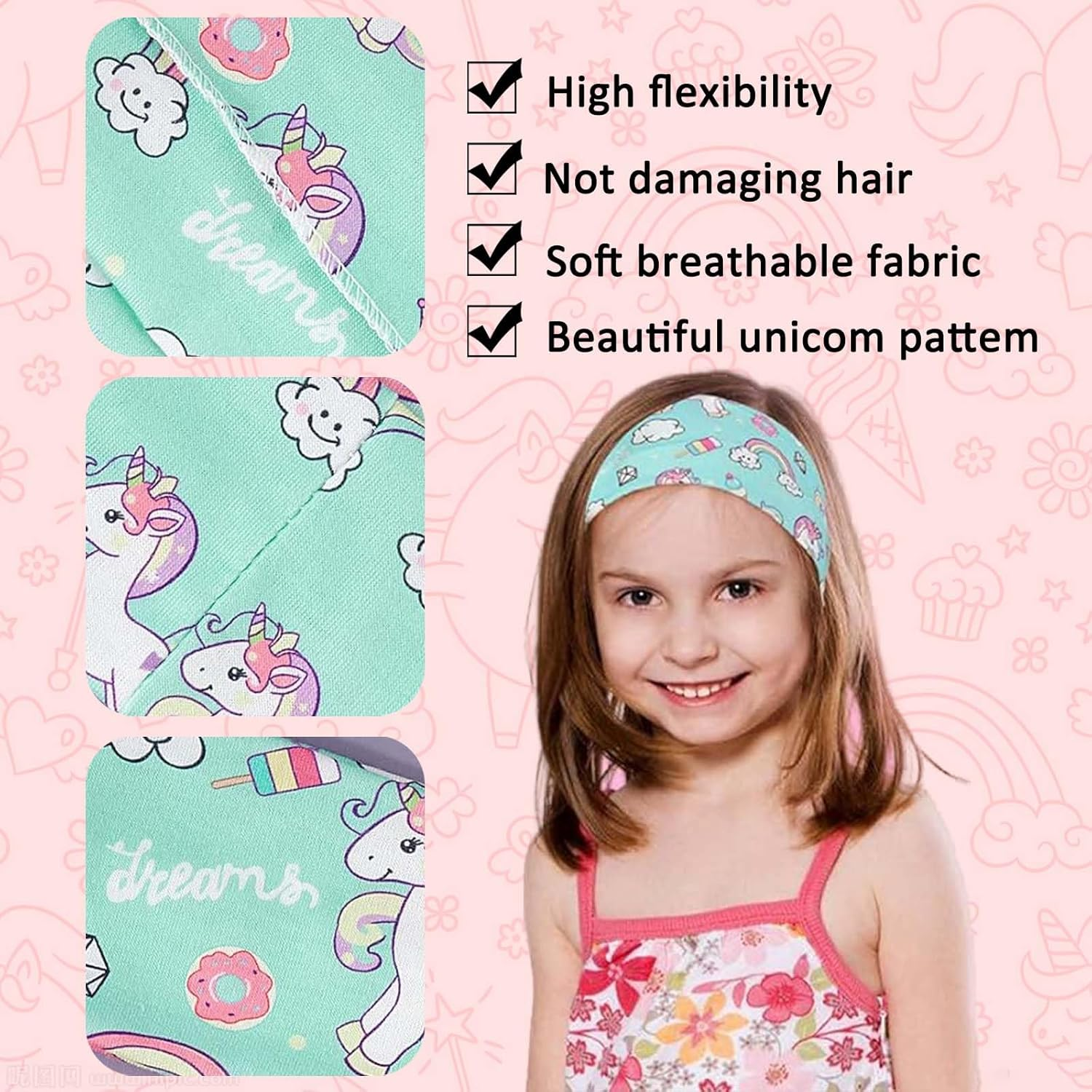 Soundzero Pack of 4 Children'S Elastic Hair Bands, Girls' Unicorn Headband, Hair Bands, Women'S Soft, Multicoloured Girls Headbands, Hair Band Girls, for Children 6-15 Years, Sports, Leisure (Unicorn) image number 2