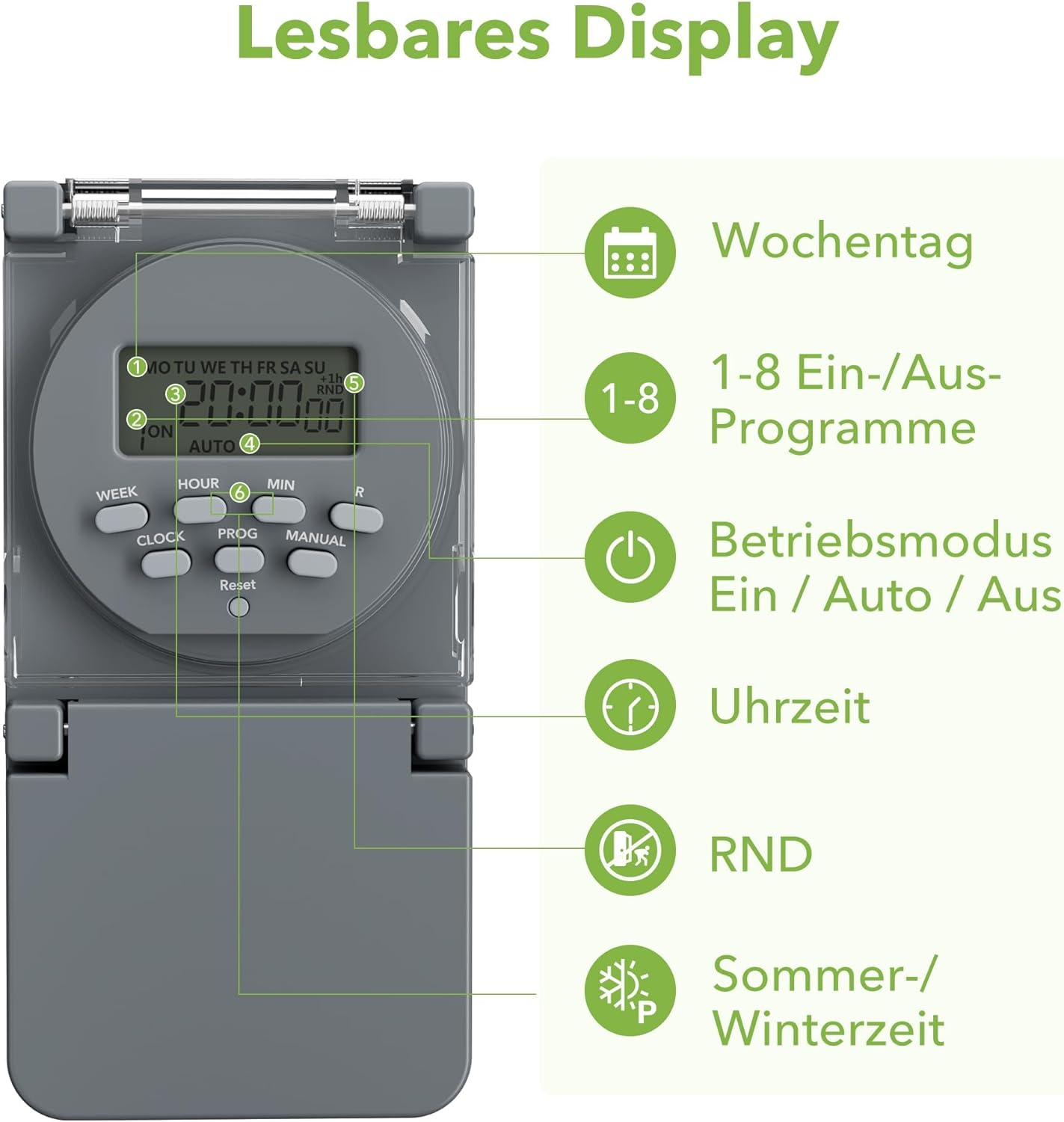 HBN Digital Timer Socket Outdoor, 8 Switching Programmes, Weekly Timer with Random Function, IP44 Outdoor Timer Socket for Christmas Decoration, Pool Pumps, Lighting in the Garden, 3680 W image number 4