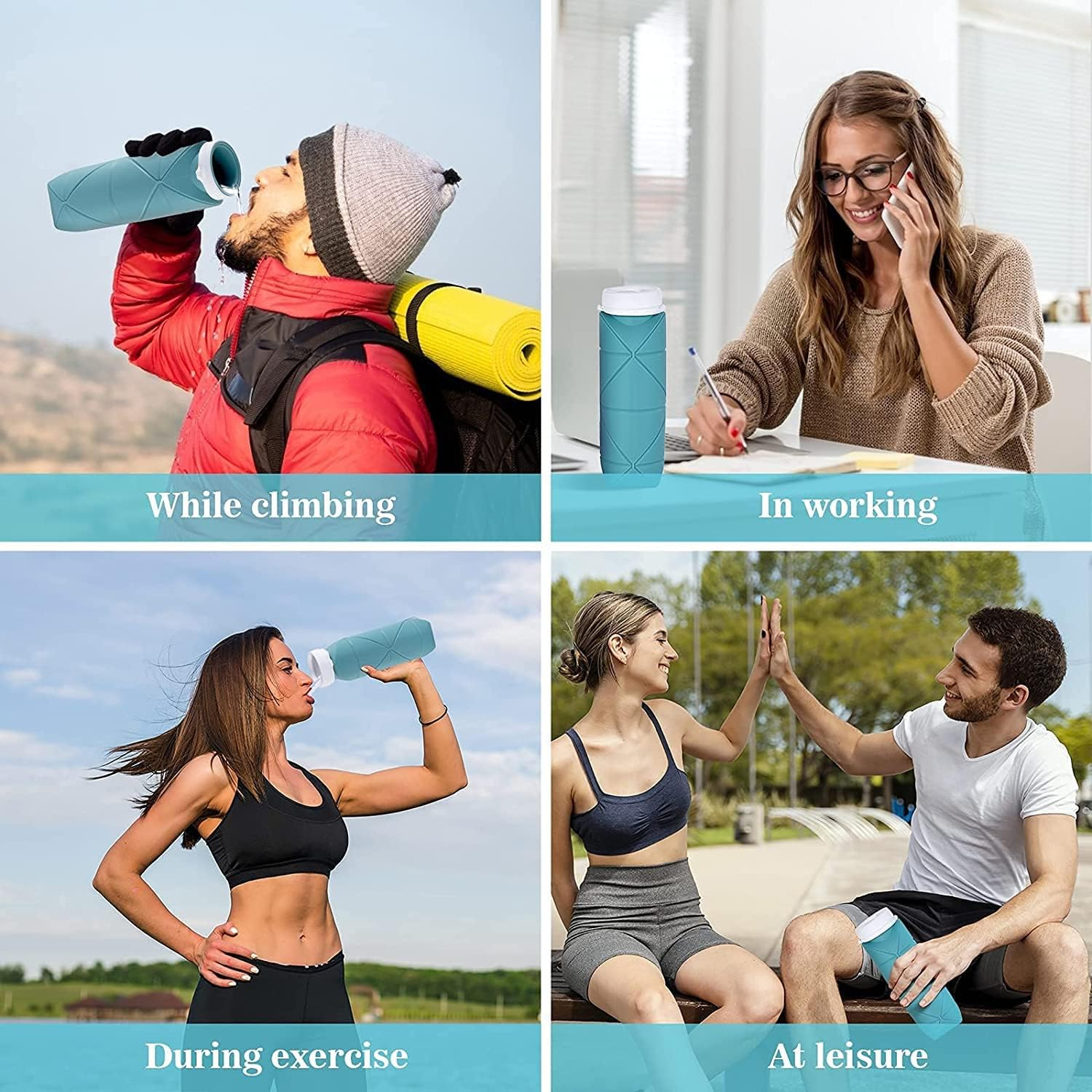 Collapsible Water Bottle Leakproof Valve BPA Free Silicone Foldable Water Bottle for Gym Camping Sports Lightweight Travel Bottle (Dark Green) - Pink image number 5