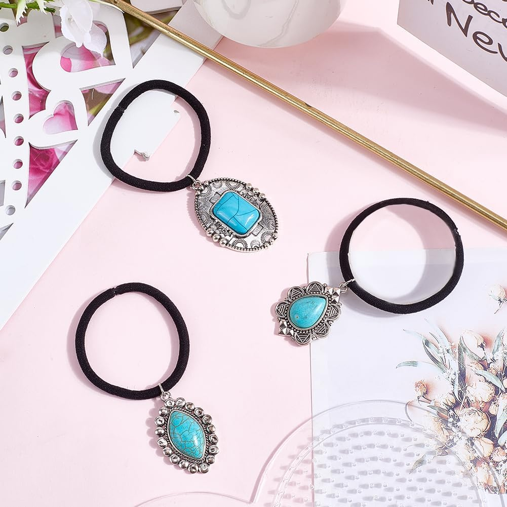 CABODYALS Pack of 3 3 Styles Western Style Turquoise Decorative Hair Bobbles Bracelet Vintage Boho Metal Ponytail Holder Cowgirl Elastic Hair Bands Rope for Women Party Outfit Dresses Accessories image number 2