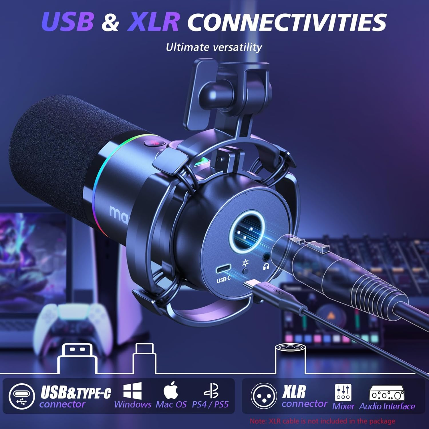 MAONO XLR/USB Dynamic Microphone Kit, RGB Podcast Mic with Software, Mute, Gain Knob, Volume Control, Boom Arm for Streaming, Gaming, Voice-Over, Recording-Pd200Xs Black image number 6