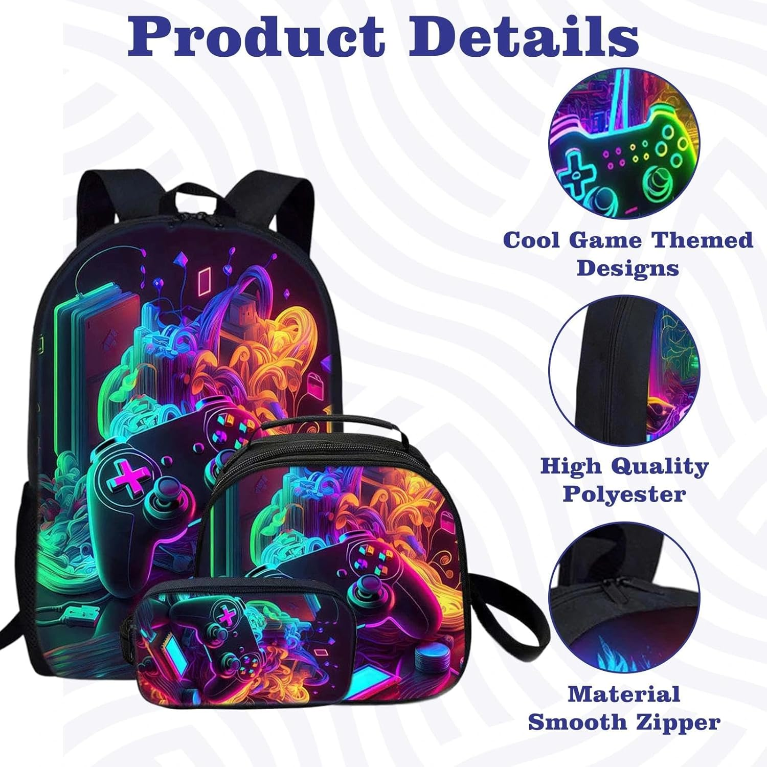 Fakcrkun Gaming Backpack for Boys, 3 Pcs Gaming Themed School Backpack Set with Lunch Bag & Pencil Case,Large Capacity School Bag Waterproof Lightweight Laptop Backpacks for Teenagers & Students image number 4