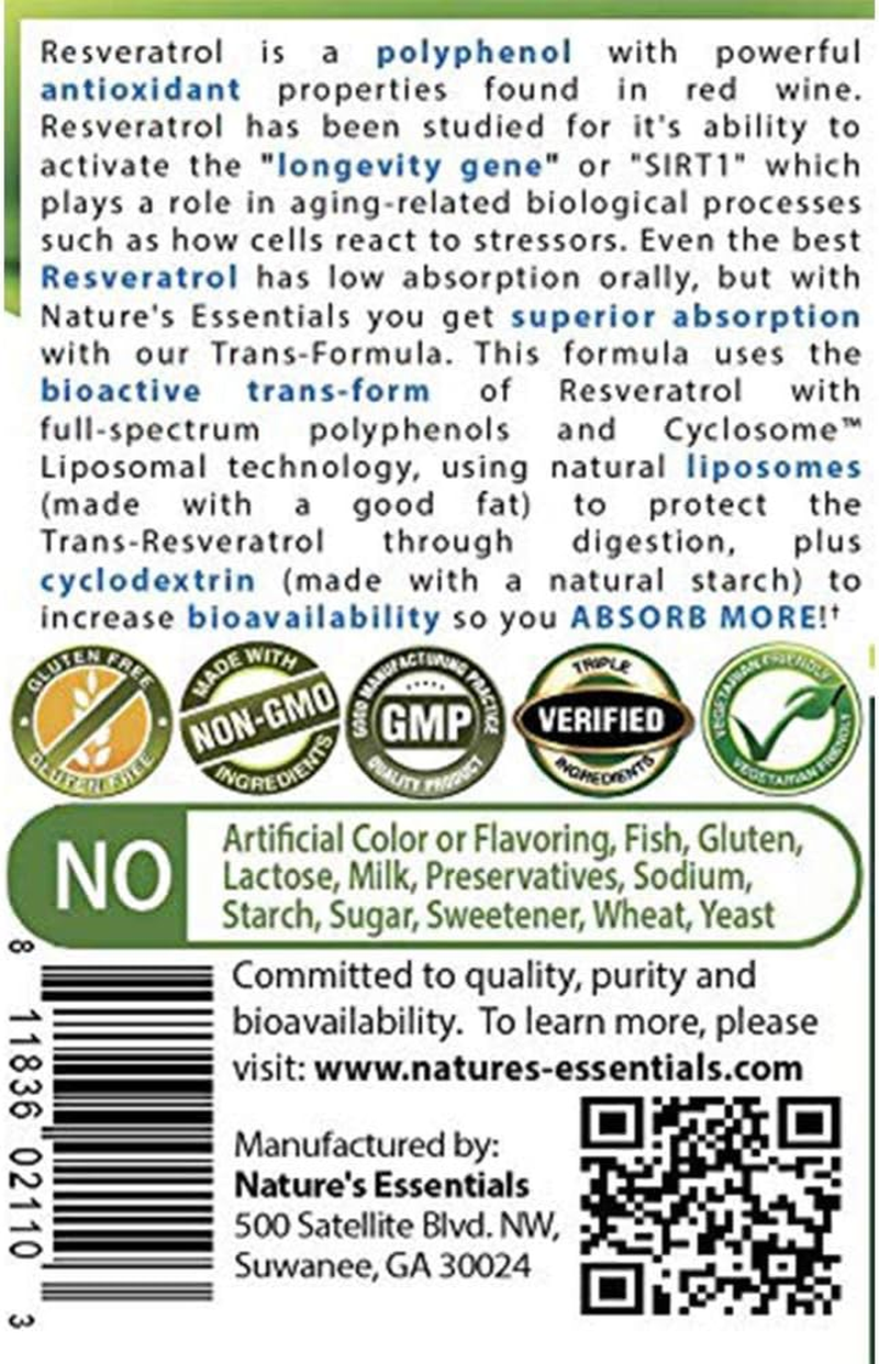 Liposomal Resveratrol | 500Mg per Pill | Full-Spectrum Trans-Resveratrol | Maximum Absorption Formula | 3 Month Supply | Non-Gmo | Gluten-Free | Vegetarian | Lab Certified | USA image number 1