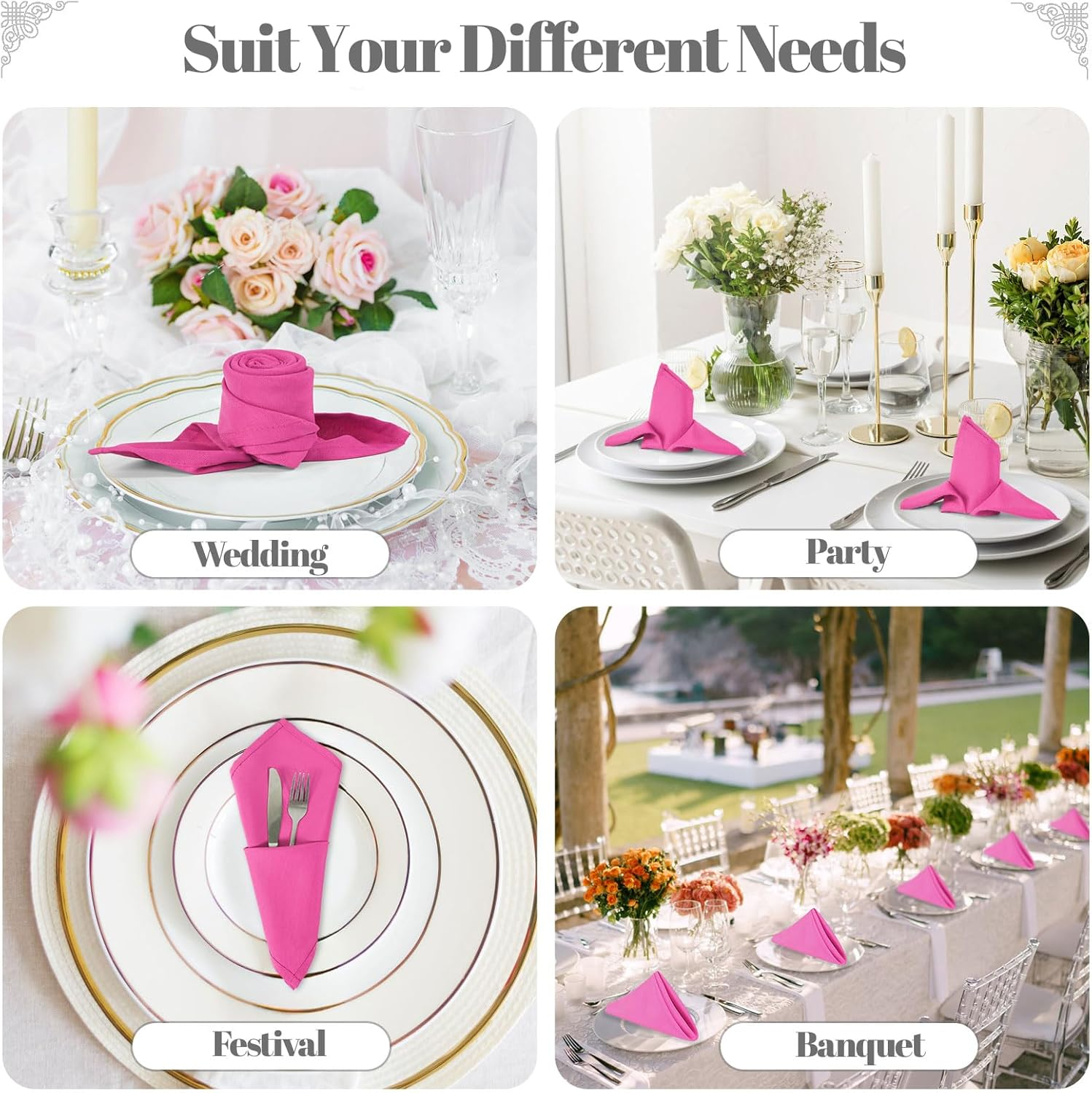 PLOYMONO Fuchsia Heavy Duty Cloth Napkins - 17 X 17 Inch Solid Washable Polyester Dinner Napkins - Set of 8 Napkins with Hemmed Edges - Great for Weddings, Parties, Banquets Dinner & More - Beige image number 5