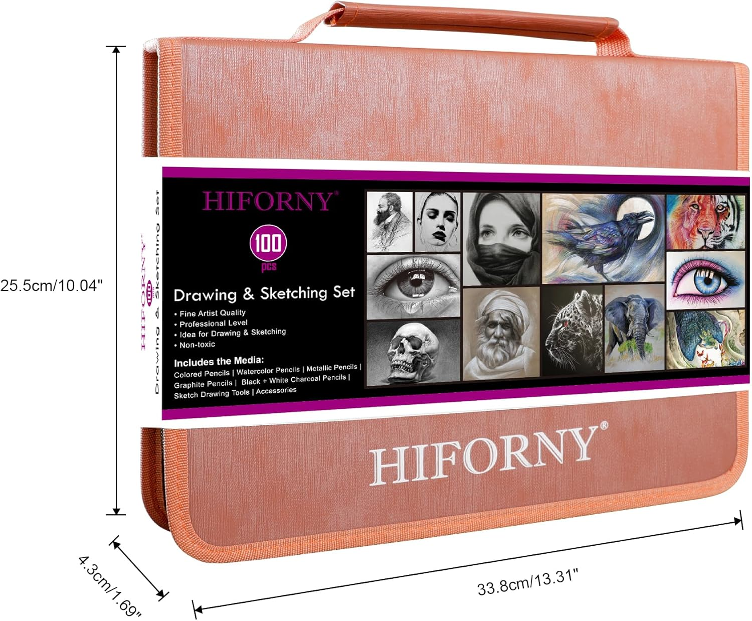HIFORNY 100 PCS Drawing & Sketching Set, Professional Art Supplies with Graphite,Charcoal, Colored,Watercolor,Metallic Pencils,Blending Tools,Sketchbook and Coloring Book in Zipper Case (Pink)