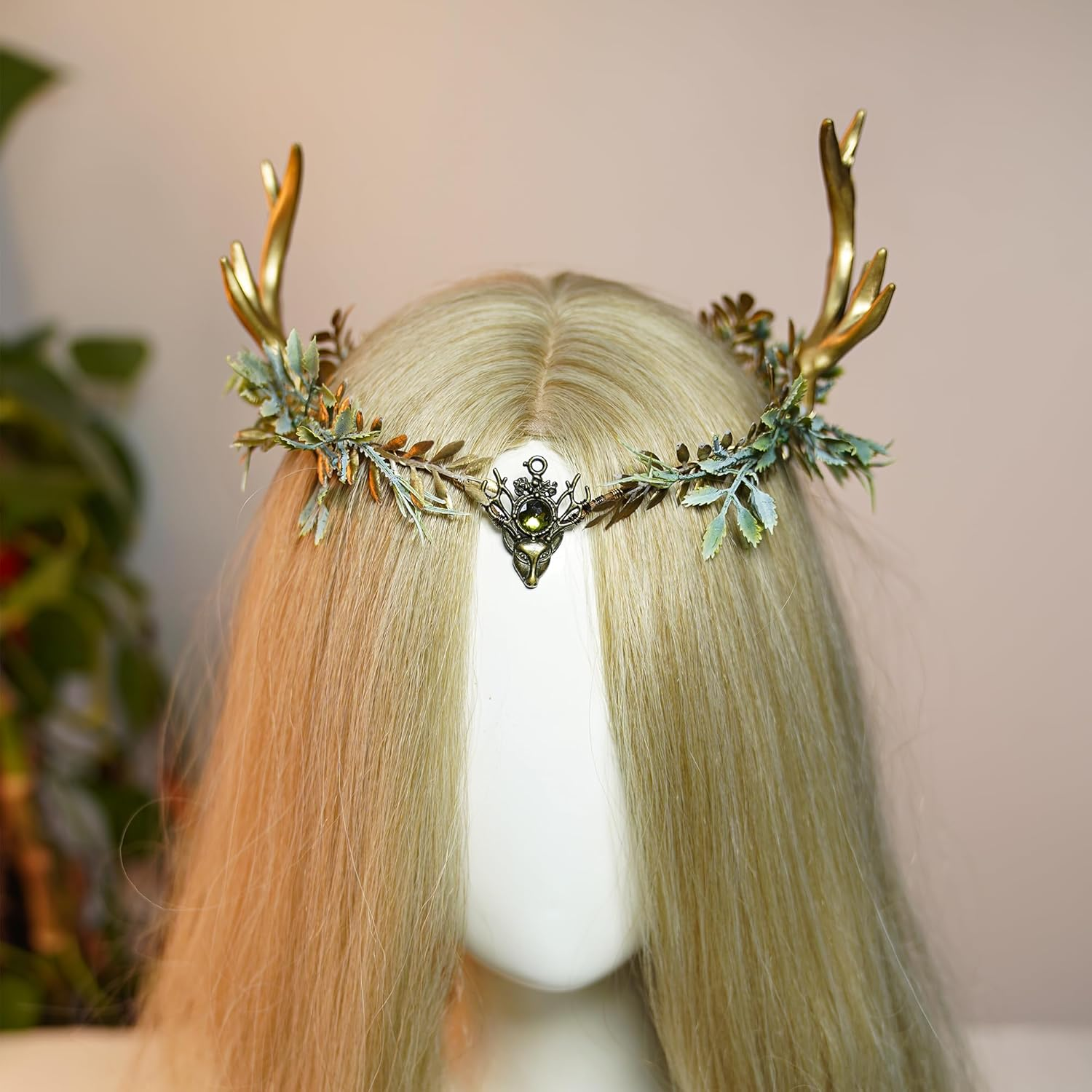 MOSTORY Handmade Golden Forest Antler Crown - Forest Flower Headband Elf Headpiece Fairy Flower Circlet for Women Girls Renaissance Fair Christmas Wedding Cosplay Photo Shoot image number 2