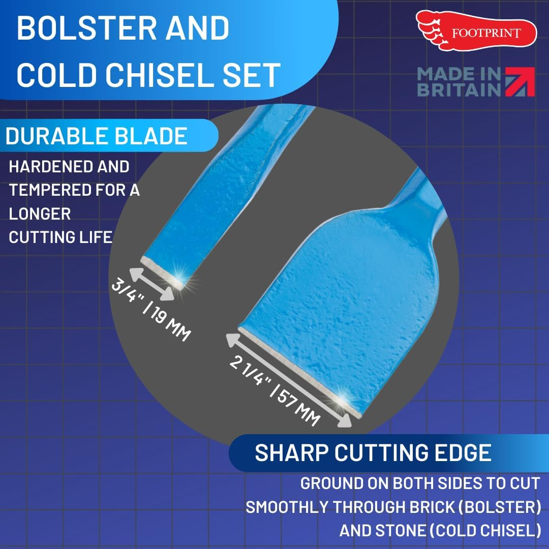 Footprint Small Bolster and Cold Chisel Set - Small Bolster (9"X21/4", 230X57Mm) and Cold Chisel (10X3/4", 250X19Mm) - Made in Sheffield, Britain - Forged from Head to Blade - Hardened Cutting Edges image number 4