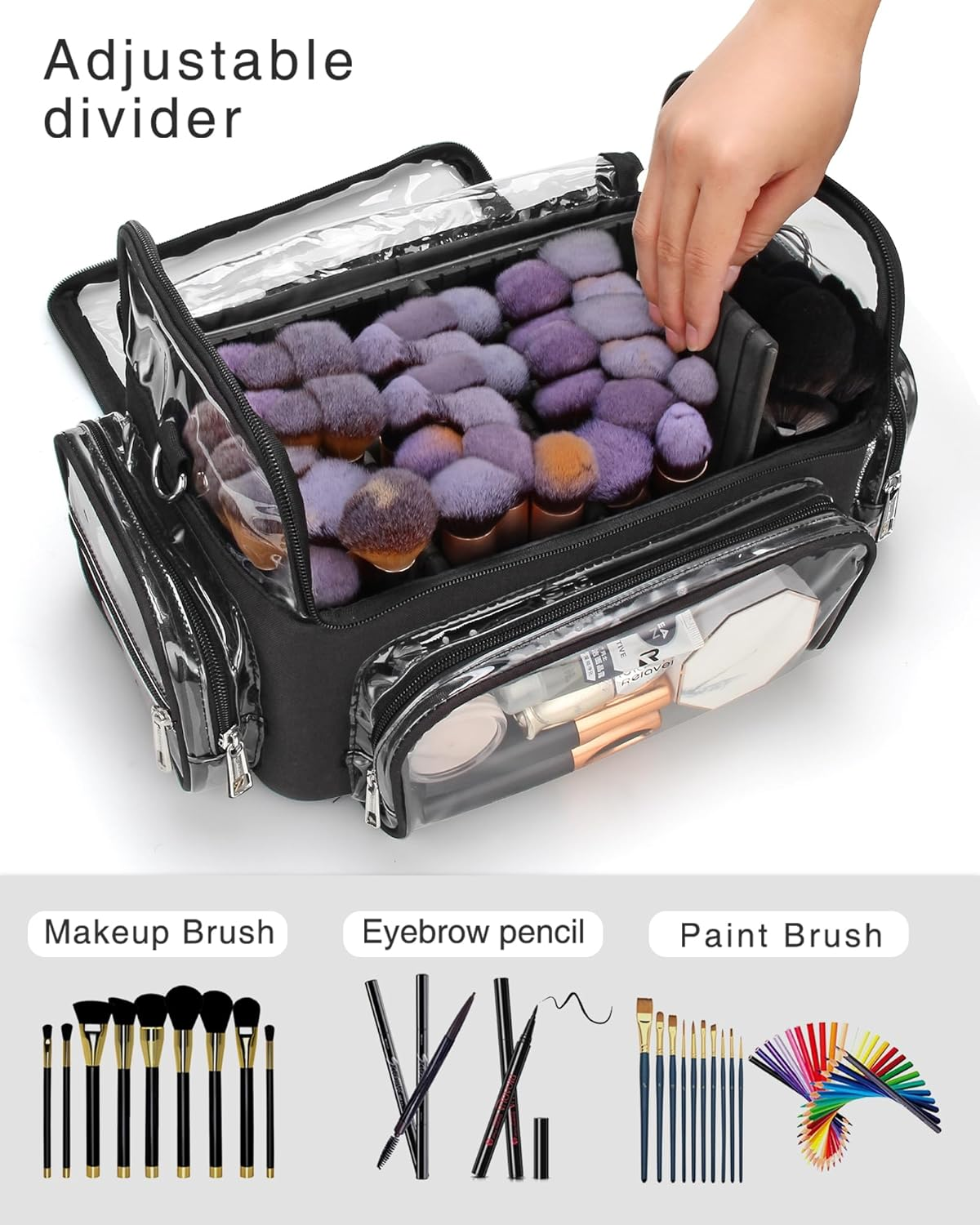 Makeup Brush Case, Large Makeup Brush Holder Professional Makeup Artist Travel Case Clear Waterproof Cosmetic Organizer Bag, with Adjustable Strap and Dividers, I Clear, X Large, Makeup Brush image number 6