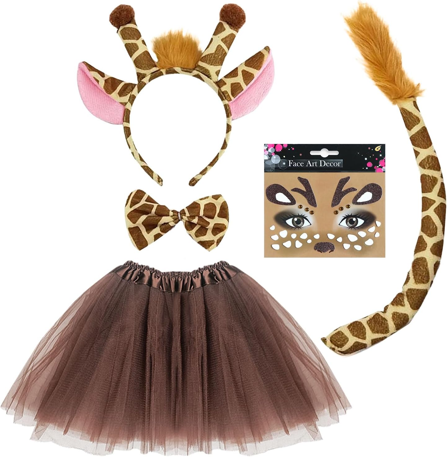 SAIIURV 5 Pieces Giraffe Headband Costume, Halloween Deer Ears Headband Bowtie Tail Deer Face Tattoo Stickers Girls Princess Tutu Skirt, Animal Costume Party Fancy Dress up for Kids Girls image number 6
