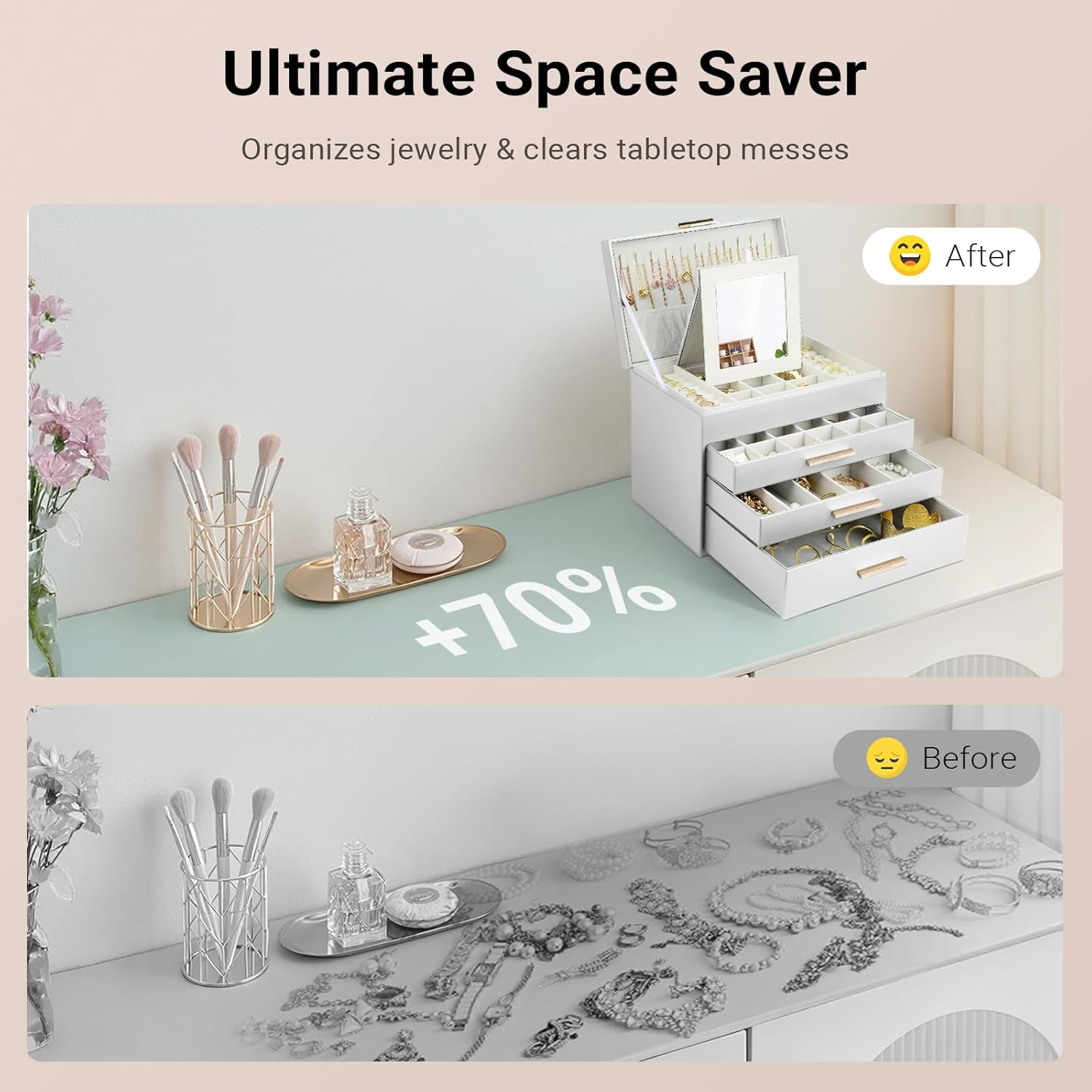 LIAN Large Jewelry Box Organizer 4 Layer Jewelry Holder Organizer with Mirror Leather Jewelry Case for Necklace Earrings Bracelet Storage for Women Girls(4 Layer White) image number 3