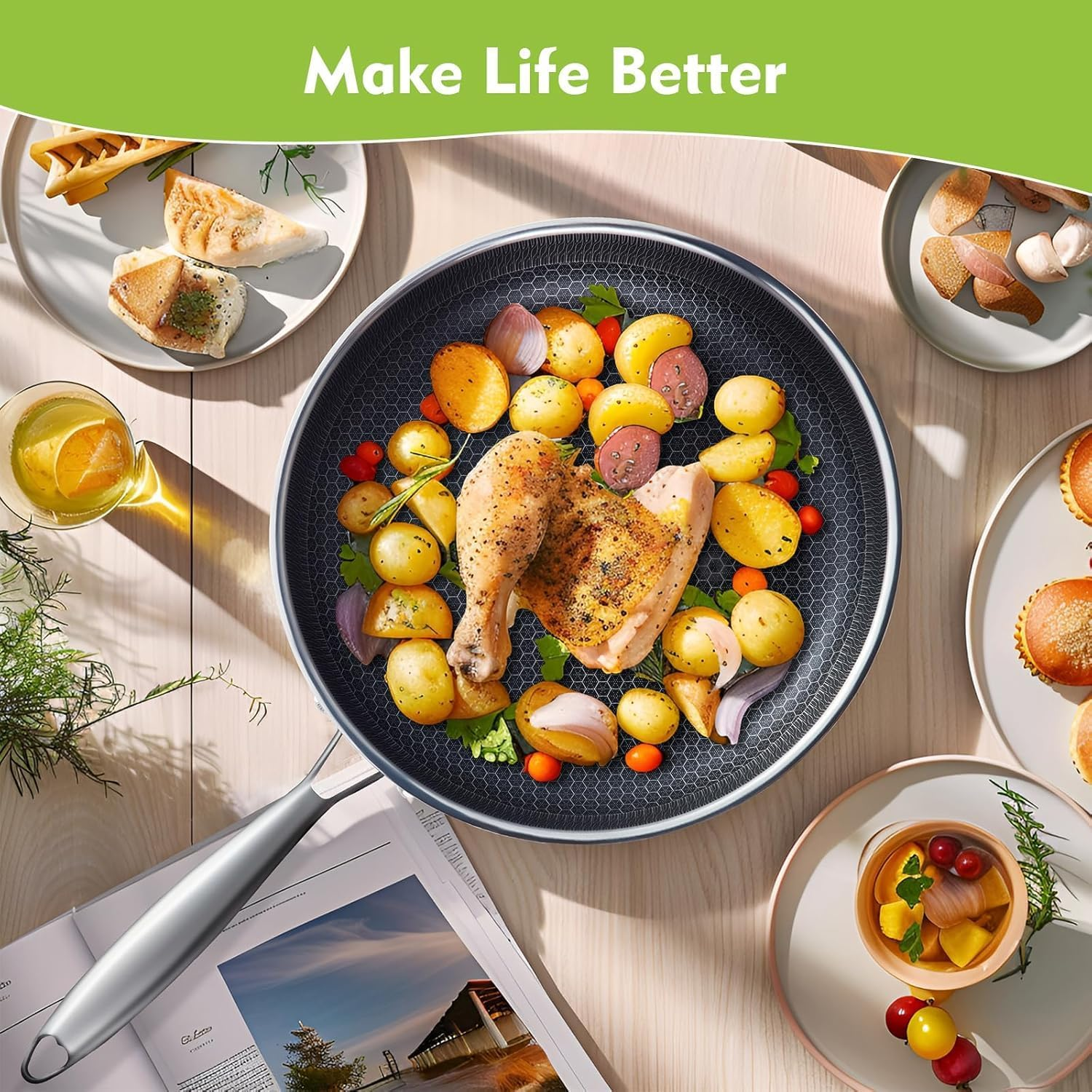 Non Stick Frying Pans, Hybrid 12 Inch/30Cm Frying Pans Nonstick with Lid, Stainless Steel Skillets Chef Cookware, PFOA Free, Works on Induction,Ceramic,Gas Cooktops and Ovens