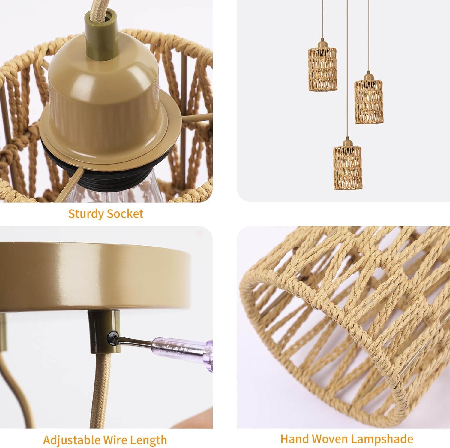 FORCOSO 3-Light Rattan Boho Pendant Lamp, Brown, 24X30Cm, E27, Indoor, Multiple Rooms