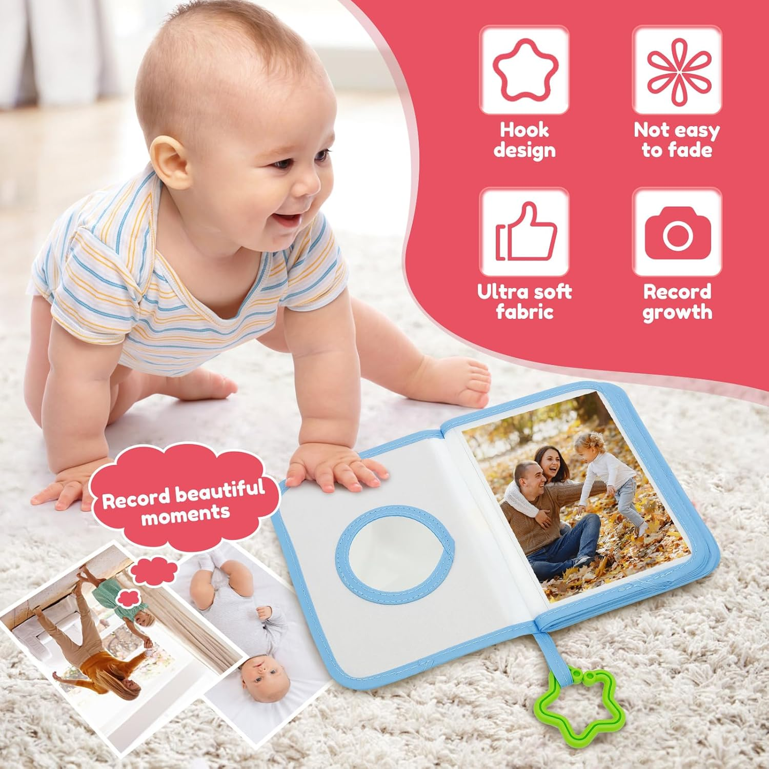Baby Growth Memory Photo Book Soft Cloth Made with Hook and Safety Mirror Easy to Grasp for Babies and Children image number 5