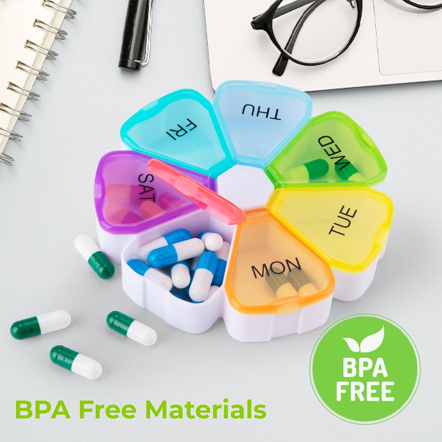 Opret Weekly Pill Organiser, Cute Pill Box 7 Day 1 Times a Day, Portable Travel Tablet Organiser with 7 Large Compartments for Vitamins Supplements Medication (Rainbow) image number 6