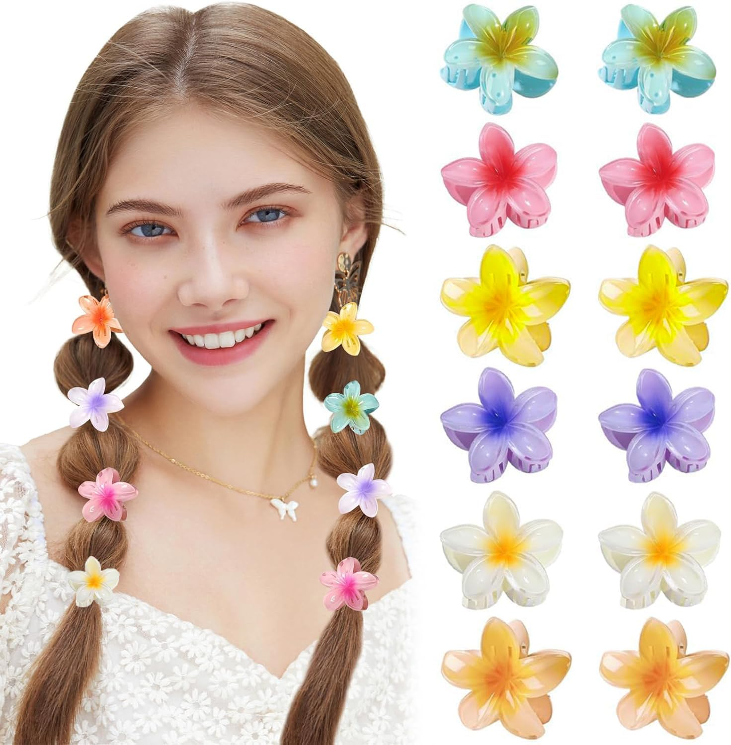 Pack of 12 Plastic Flower Hair Clips, Small, 4 Cm, Cute Hawaii Non-Slip Flower Hair Clip, Mini Hair Clips, Flower Hair Clip for Women, Thick, Thin Hair image number 1