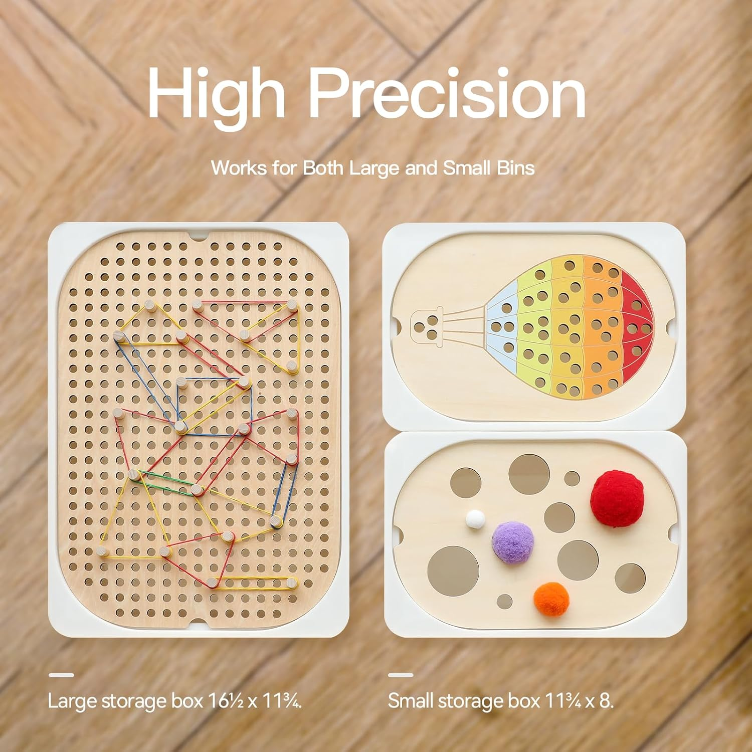 IEATFO 3-Pack Wooden Sensory Boards - Large and Small Storage Box Inserts - Pegboard, Size & Color Cognitive Boards - Include Wooden Pegs, Elastics, Pompoms(Suitable for IEATFO Sensory Tables) image number 4