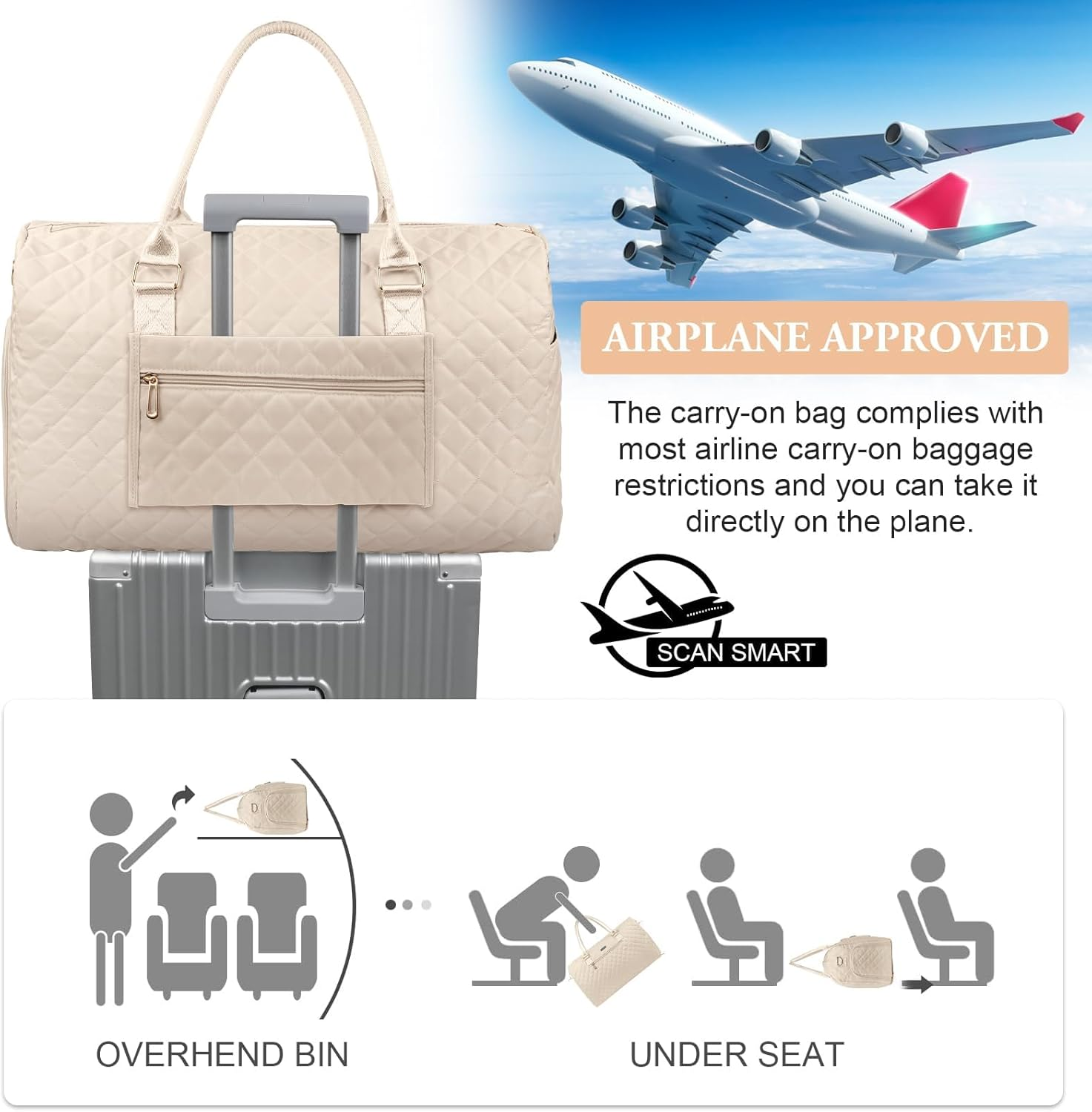 Epzia Women'S 50L Duffle Bag for Travel Gym & Sports - Weekender Carry on Bag with Shoe Compartment, Wet Pocket & Toiletry Bag | Hospital Overnight Bag for Labor Delivery, Travel Duffel Bags Beige image number 1