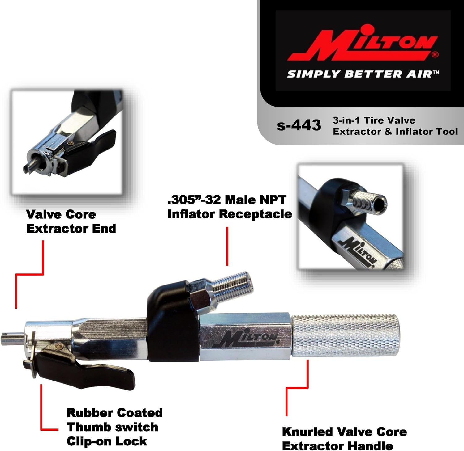 Milton (S-443) 3-In-1 Tire Valve Extractor and Inflator Tool - Remove, Inflate, Install. image number 2