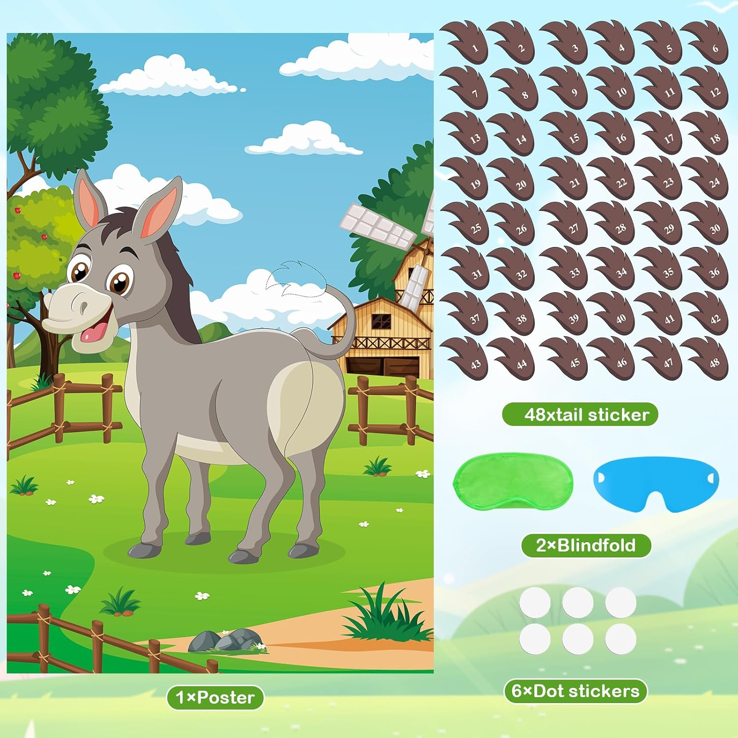 Hxezoc Pin the Tail on the Donkey Party Game with 48 Pcs Tails Large Donkey Games Poster for Kids Birthday Party Carnival Party Supplies image number 3