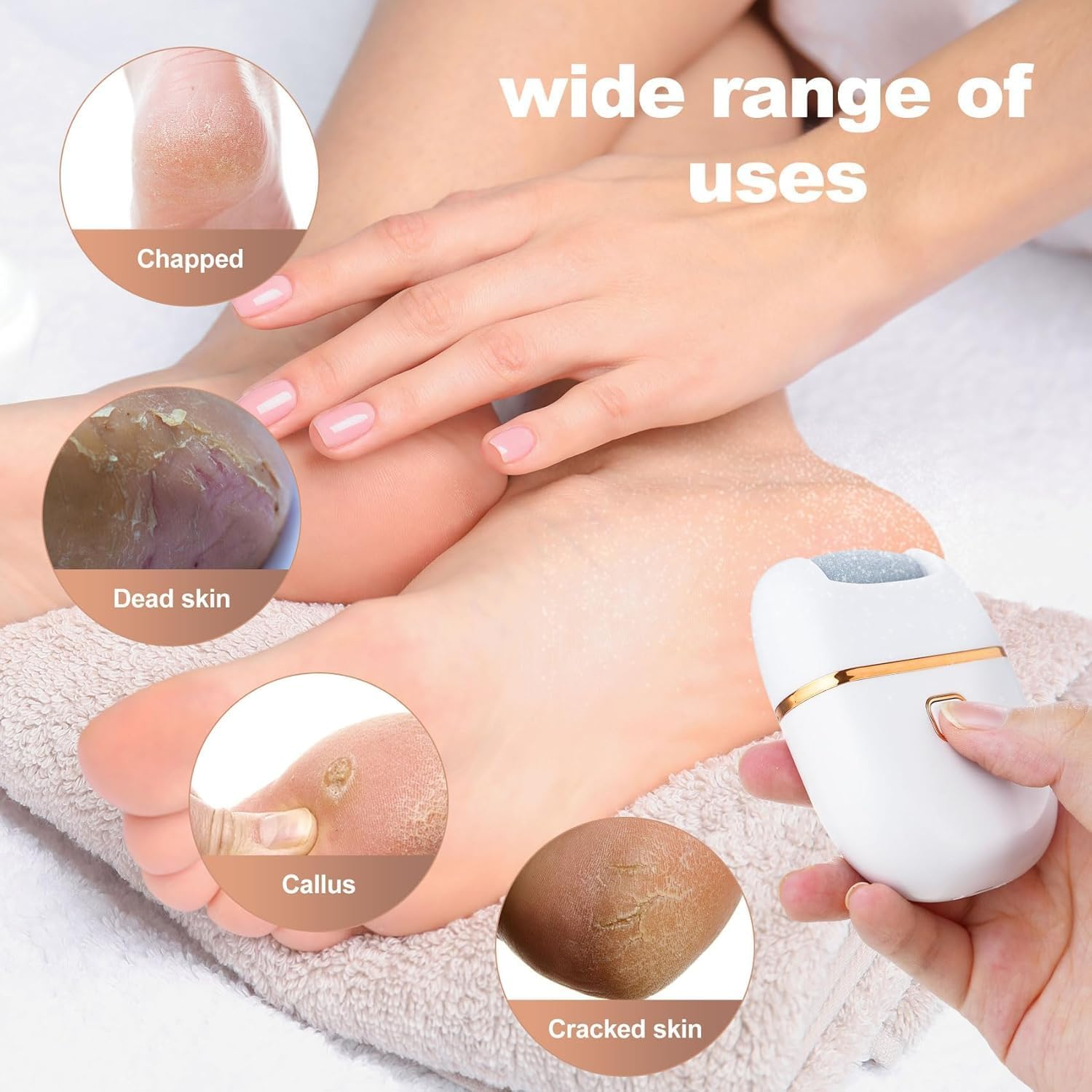 Aymxcls Electric Foot Callus Remover, Callus Remover for Feet, Rechargeable Pedicure Tools for Feet, USB Charging, 3 Grinding Head Replacement Set for Dead Hard Cracked Dry Skin - White image number 4