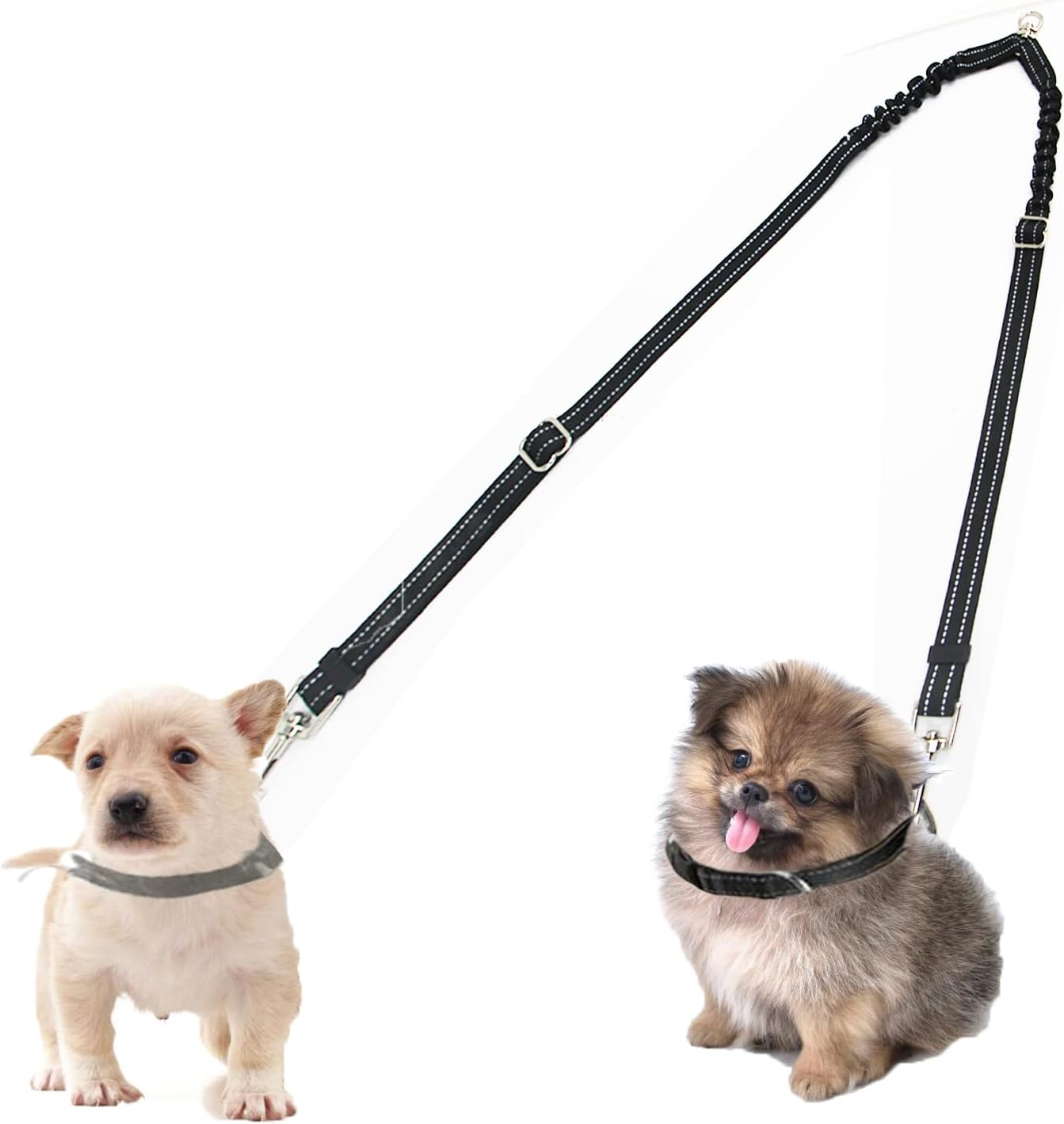 Double Dog Lead Coupler, No Tangle 360&deg;Swivel Rotation Two 2 Dog Lead Splitter, Heavy Duty Adjustable Bungee Reflective Dual Dog Leash for Walking Medium Large Dog (Black-Small)